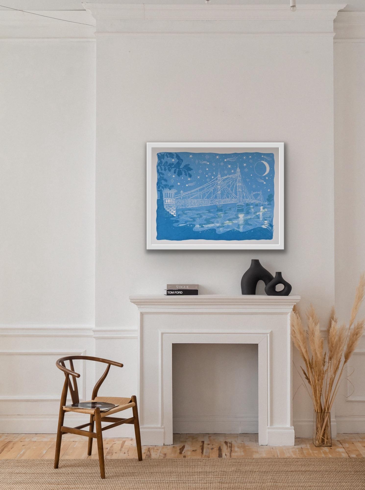 Starry Night Over Albert Bridge, contemporary, Lino print, cityscape For Sale 1