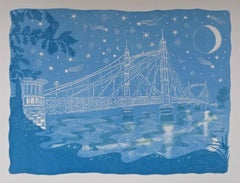 Sternennacht über der Albertbrücke, zeitgenössisch, Linoldruck, Stadtbild