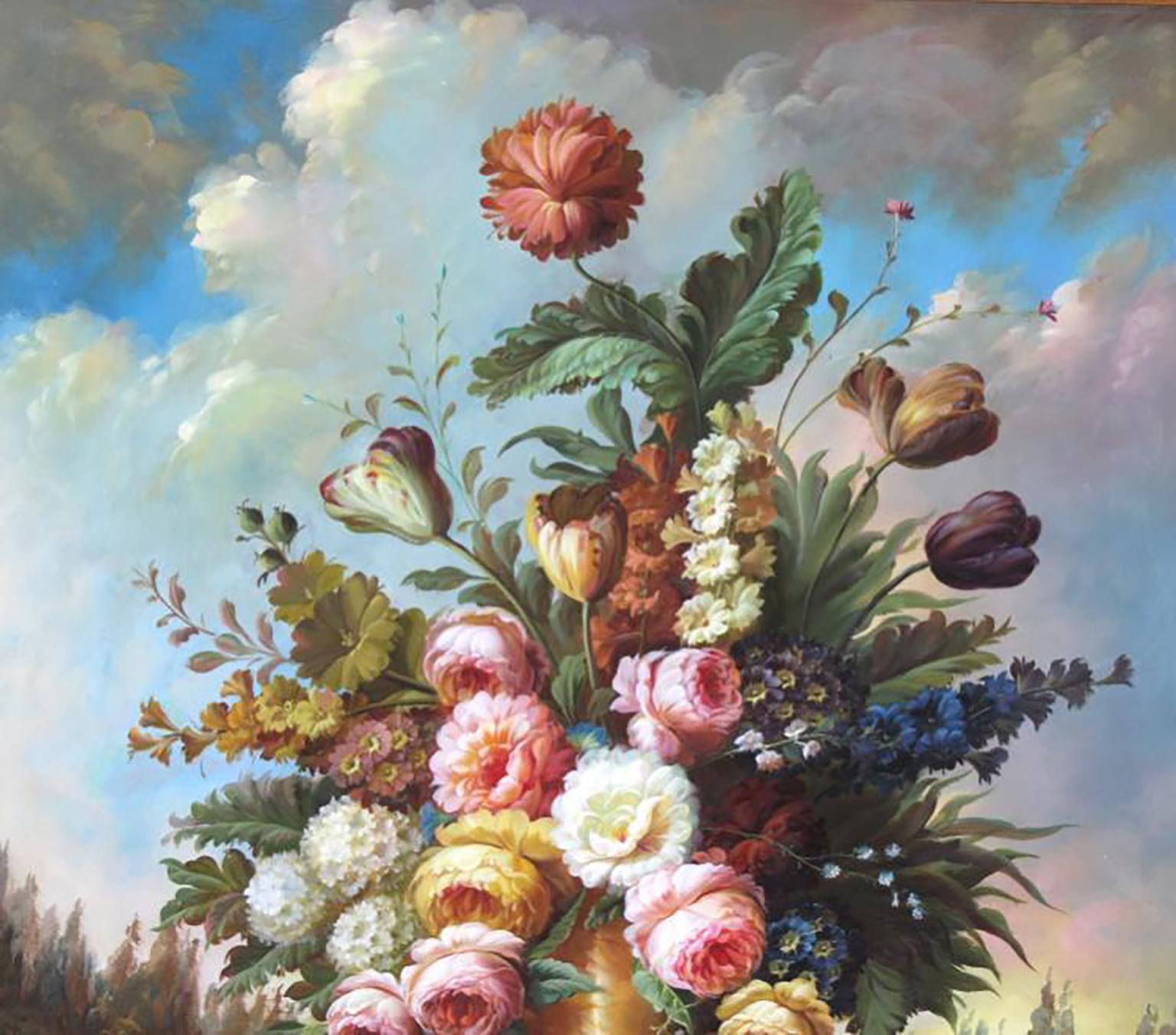 Très grande peinture florale à l'huile sur toile signée K. Young - Impressionnisme Painting par Kate Young