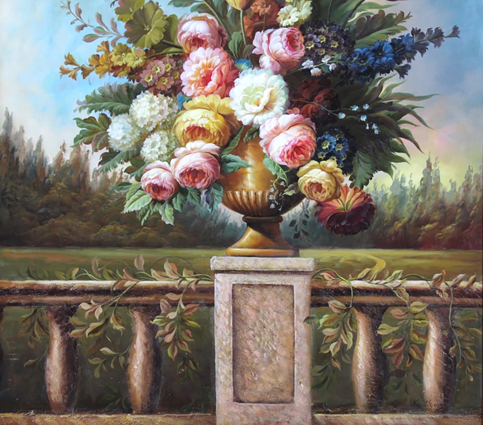 Très grande peinture florale à l'huile sur toile signée K. Young - Marron Still-Life Painting par Kate Young