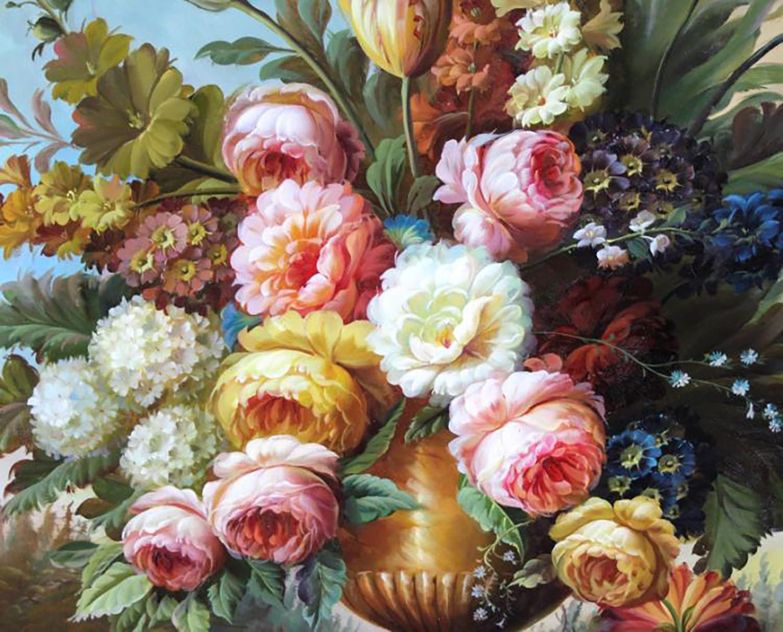Peinture à l'huile sur toile signée K. Young. Représentation d'un grand bouquet floral. Signé en bas à droite. L'œuvre mesure 120 cm x 89 cm. Présenté dans un cadre élaboré mesurant 62 1/2 po. x 50 1/2 po. Bon état général avec une usure modérée aux