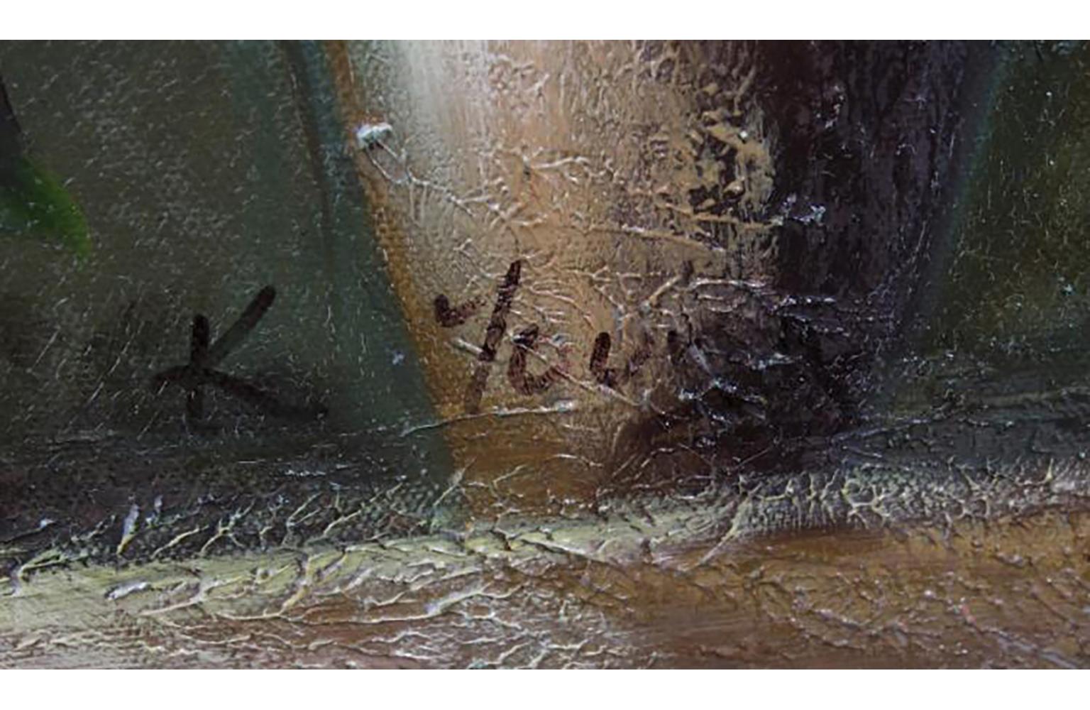 Très grande peinture florale à l'huile sur toile signée K. Young 1