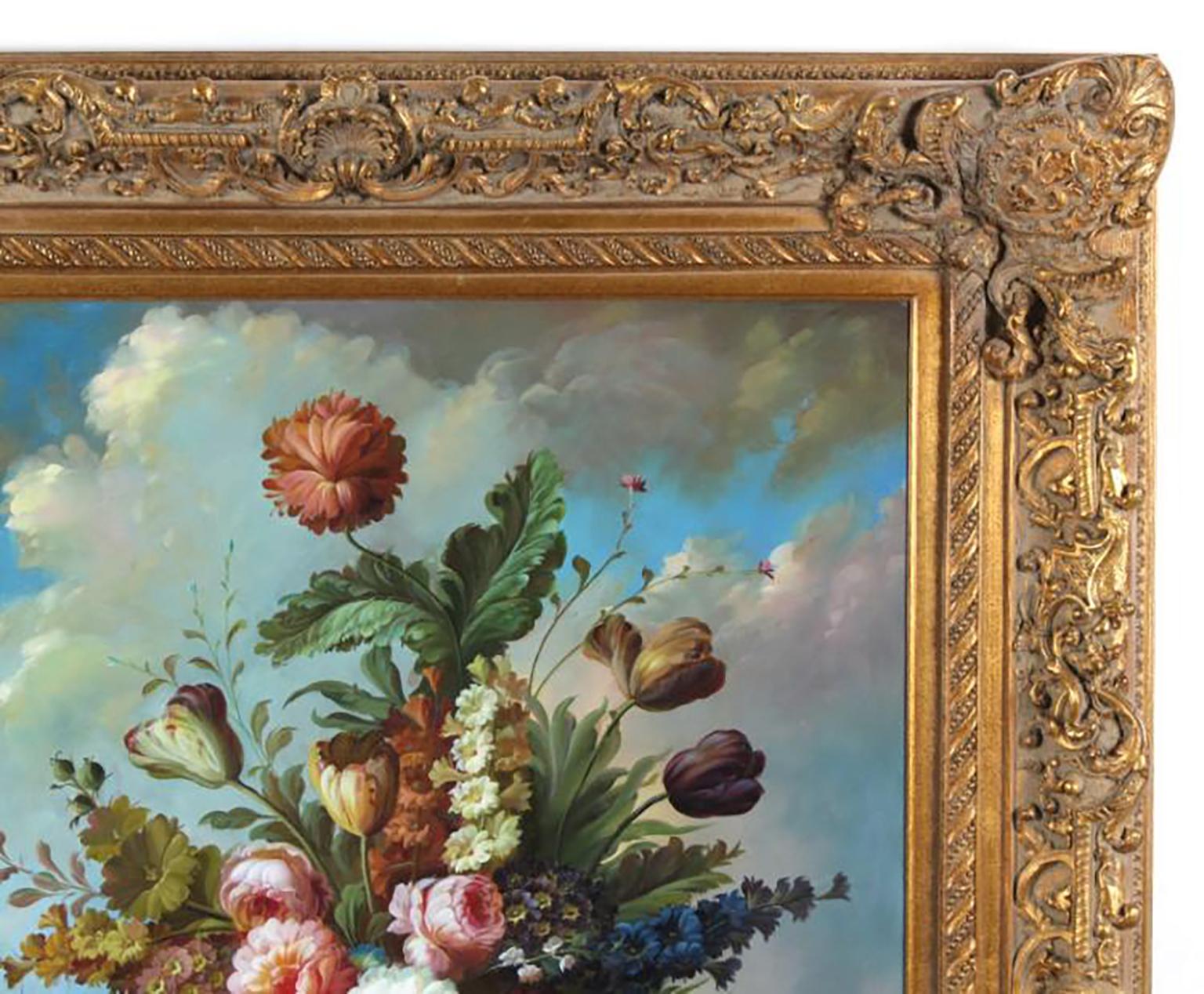 Très grande peinture florale à l'huile sur toile signée K. Young 2