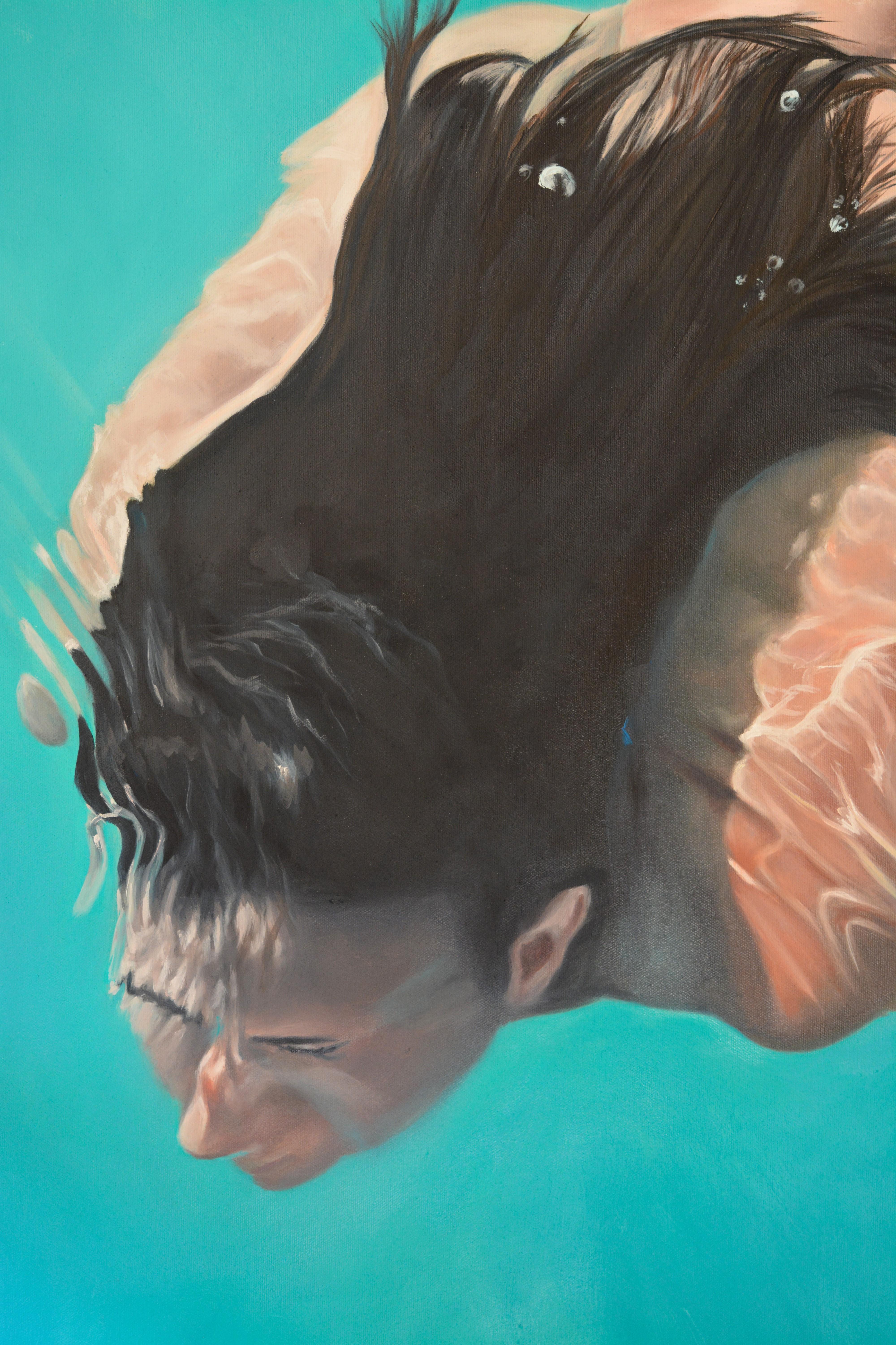Pintura al óleo de la renombrada artista griega Katerina Hatzi. Esta obra maestra realista representa un momento de serenidad bajo el agua, con una mujer desnuda de larga melena que se sumerge con gracia en una tranquila extensión azul. El lienzo
