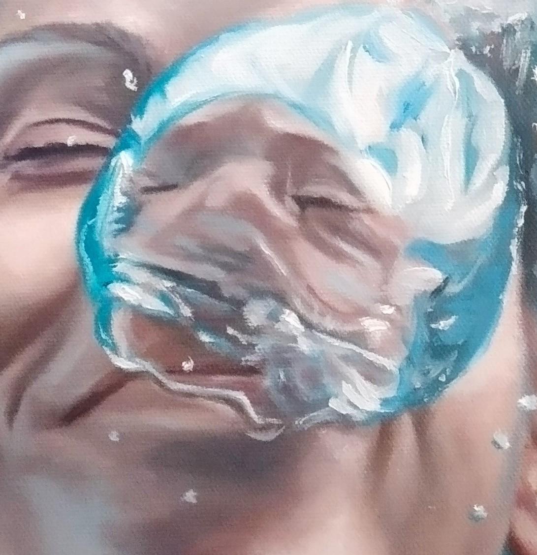Medium sized portrait by Katerina Hatzi. A smiling lady blows a big air bubble, diving underwater into the calmness of the sea bottom.
New artwork,ready to hang!

 Artist's quote:
 « The painting experience, reflecting the passage from passion and