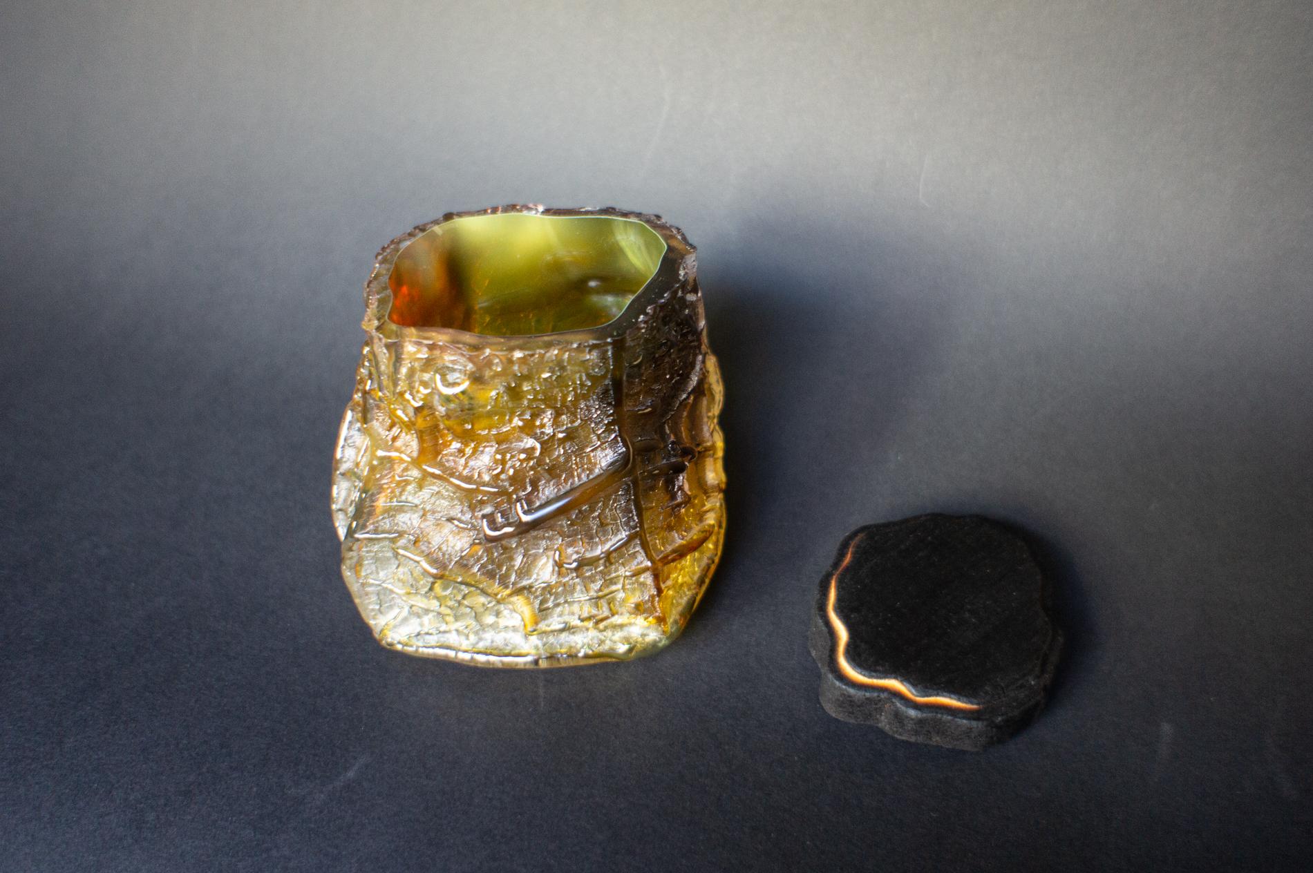 Drago — a pair of two glass treasuries, golden dragon & grounded brown - Gray Still-Life Sculpture by Katerina Krotenko