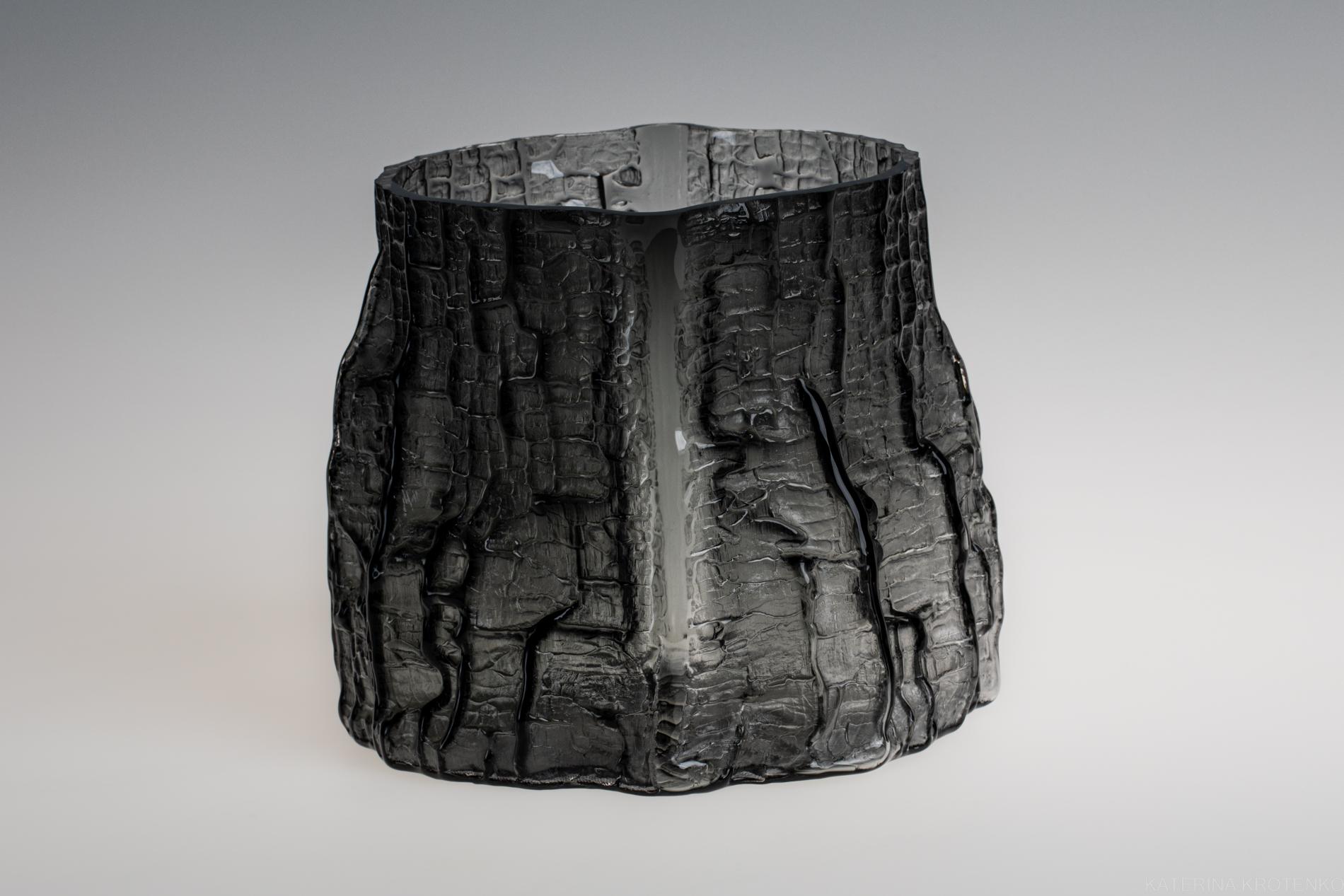 Katerina Krotenko Still-Life Sculpture - Shaped by fire — sculptural glass vase, volume IV, smoky dark grey
