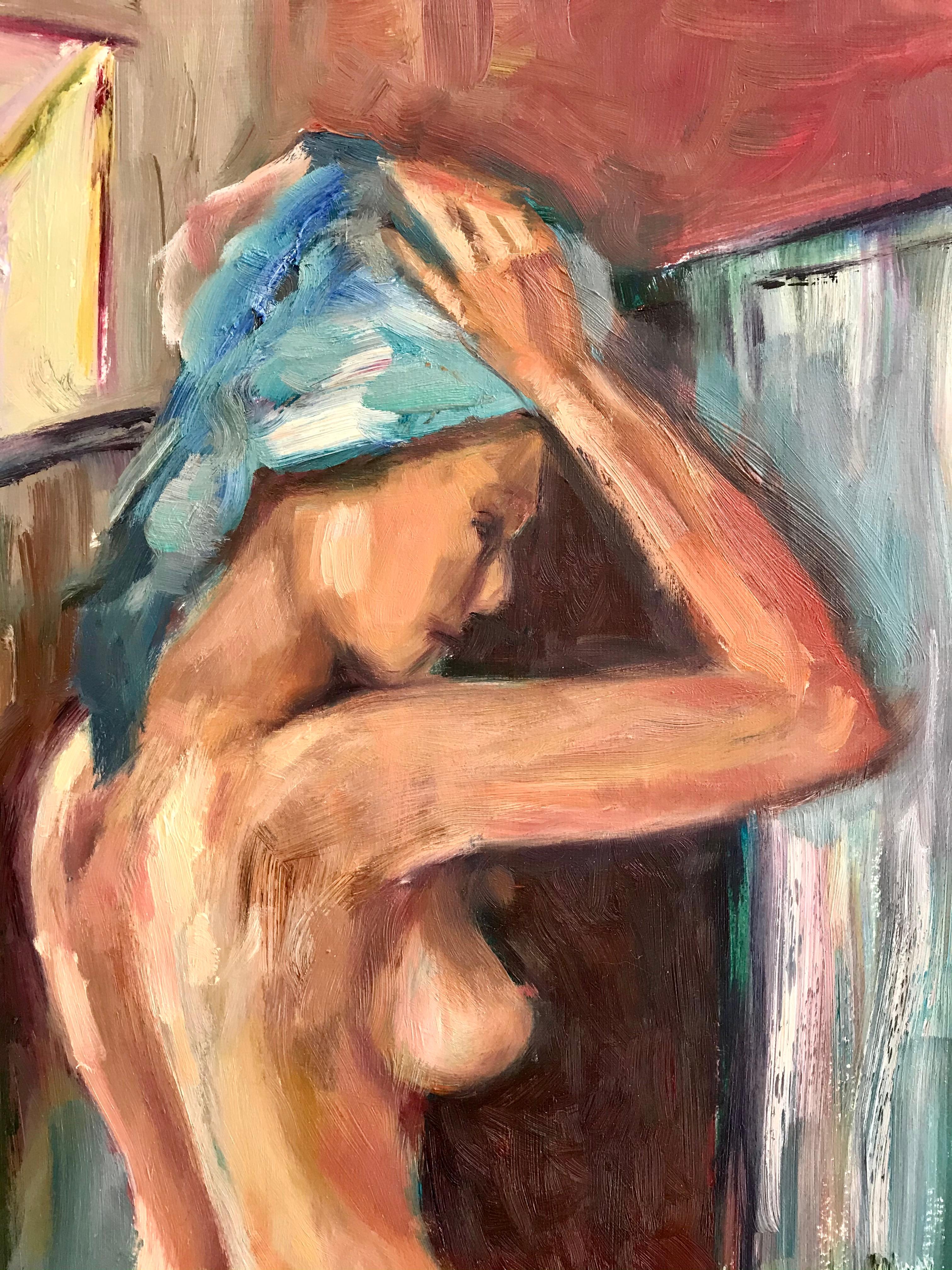 L'immagine racconta di una ragazza che lavora in una fabbrica. Dopo aver fatto il suo turno, si è fatta una doccia e si è cambiata nello spogliatoio. Nonostante il duro lavoro, ha un aspetto fantastico, è femminile e sexy, ha un fascino speciale.