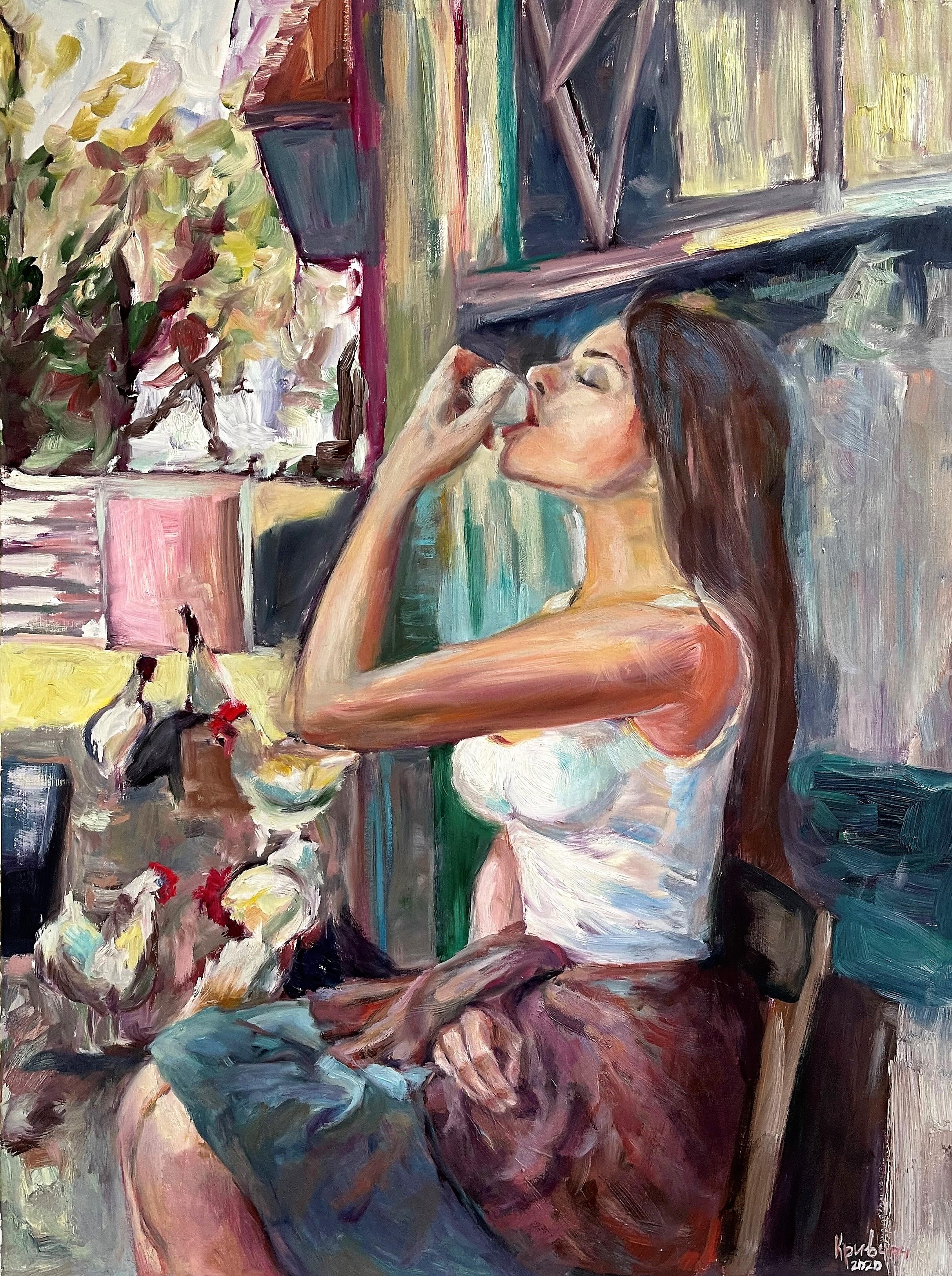  Kateryna Krivchach Portrait Painting - Girl drinking an egg