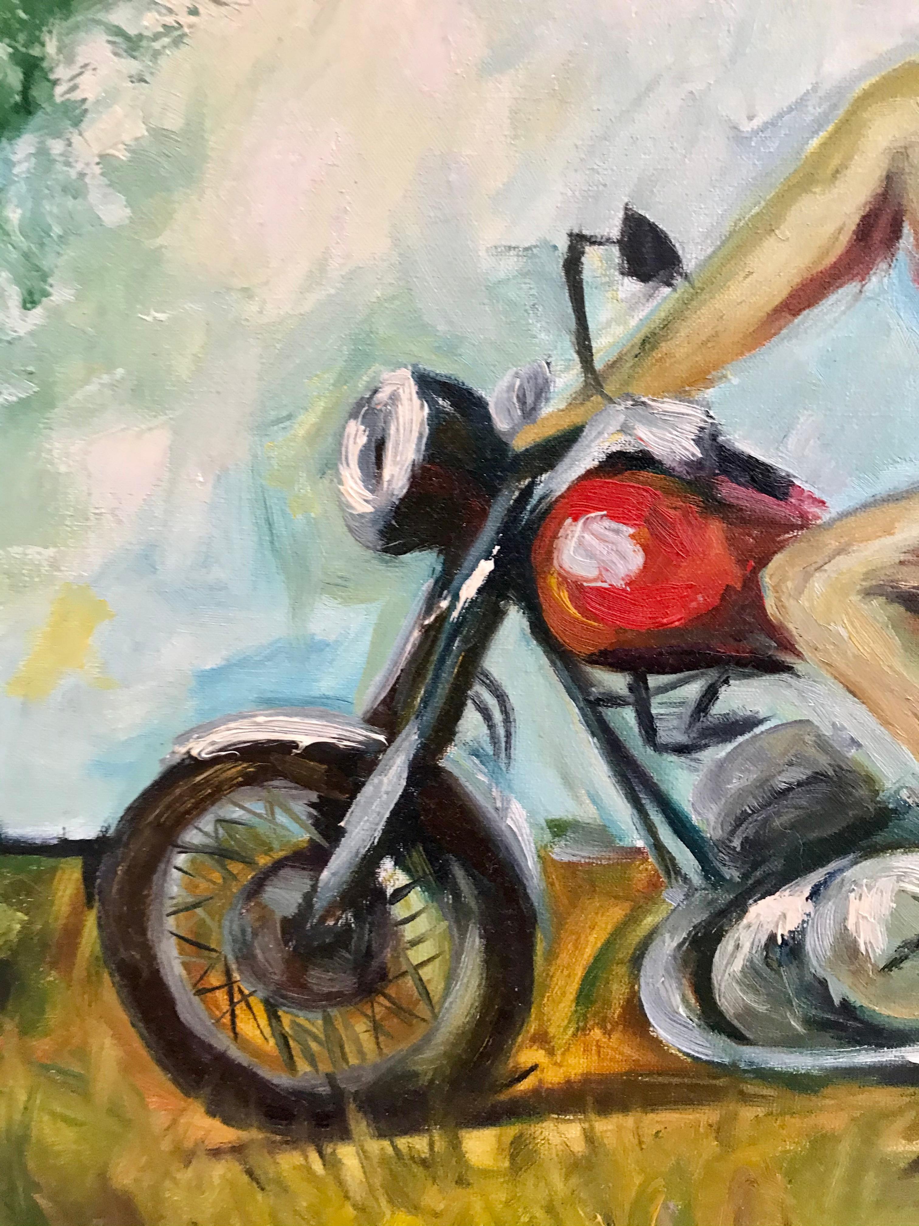Girl on a motorcycle - Impressionist Painting by  Kateryna Krivchach