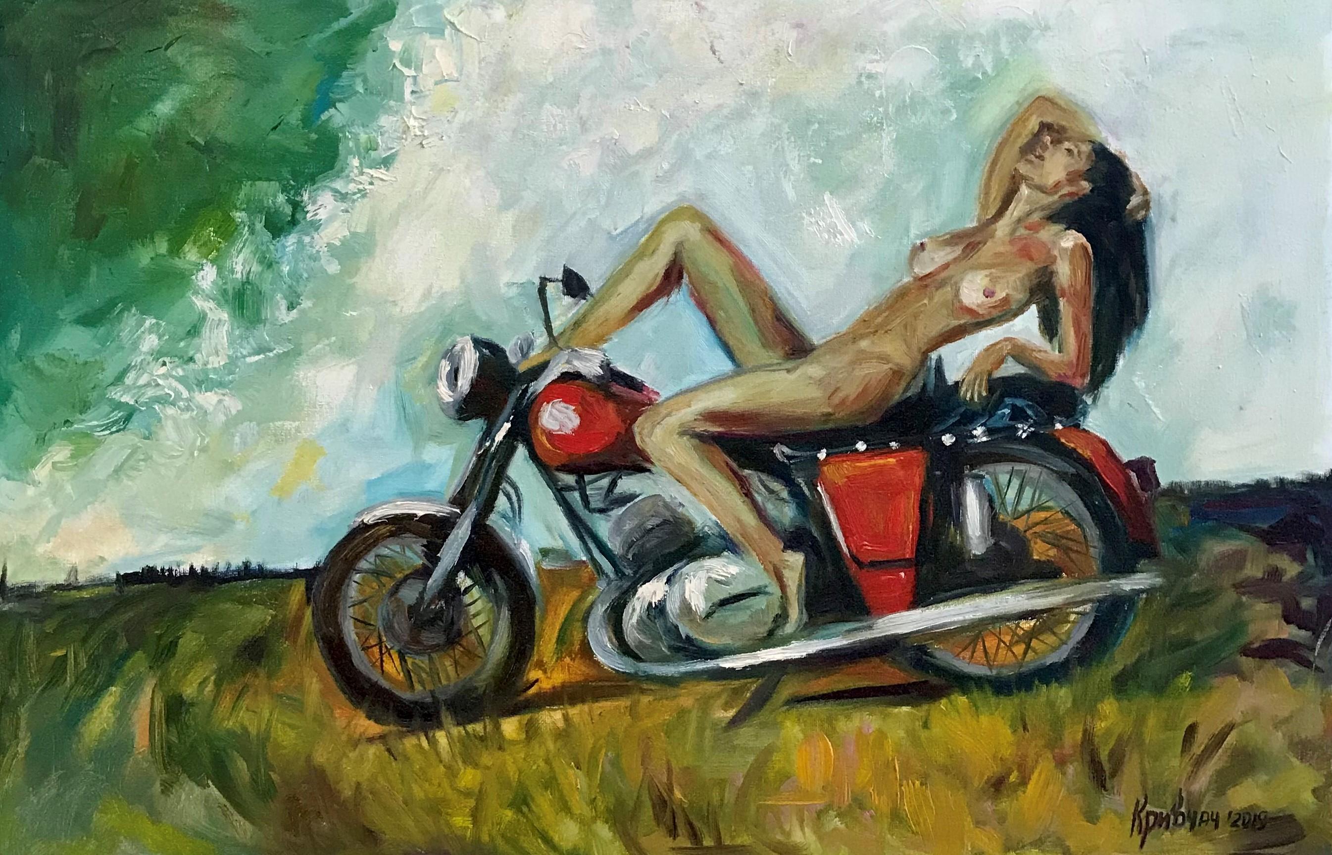  Kateryna Krivchach Landscape Painting - Girl on a motorcycle