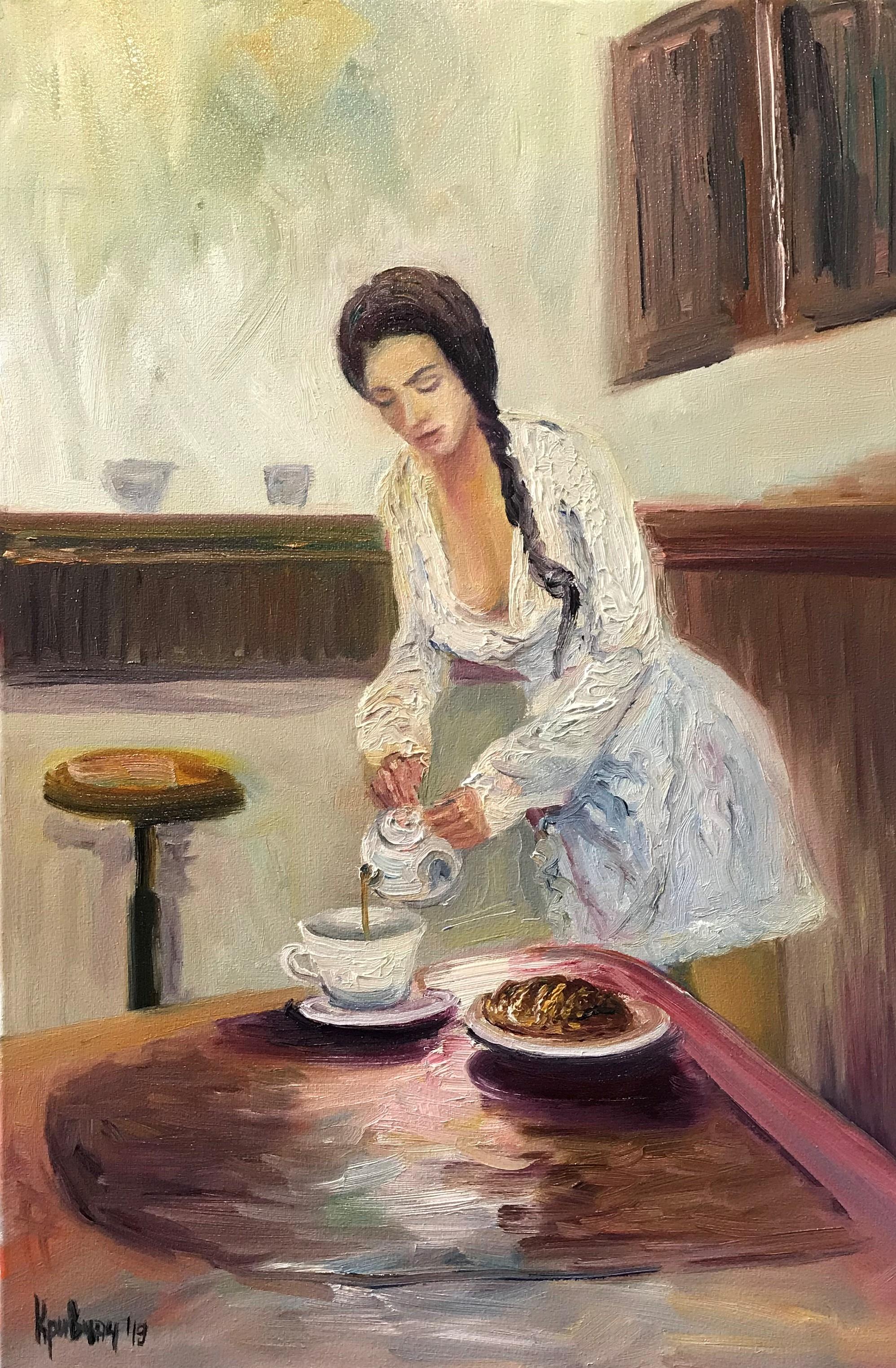  Kateryna Krivchach Figurative Painting - Girl with a coffee pot