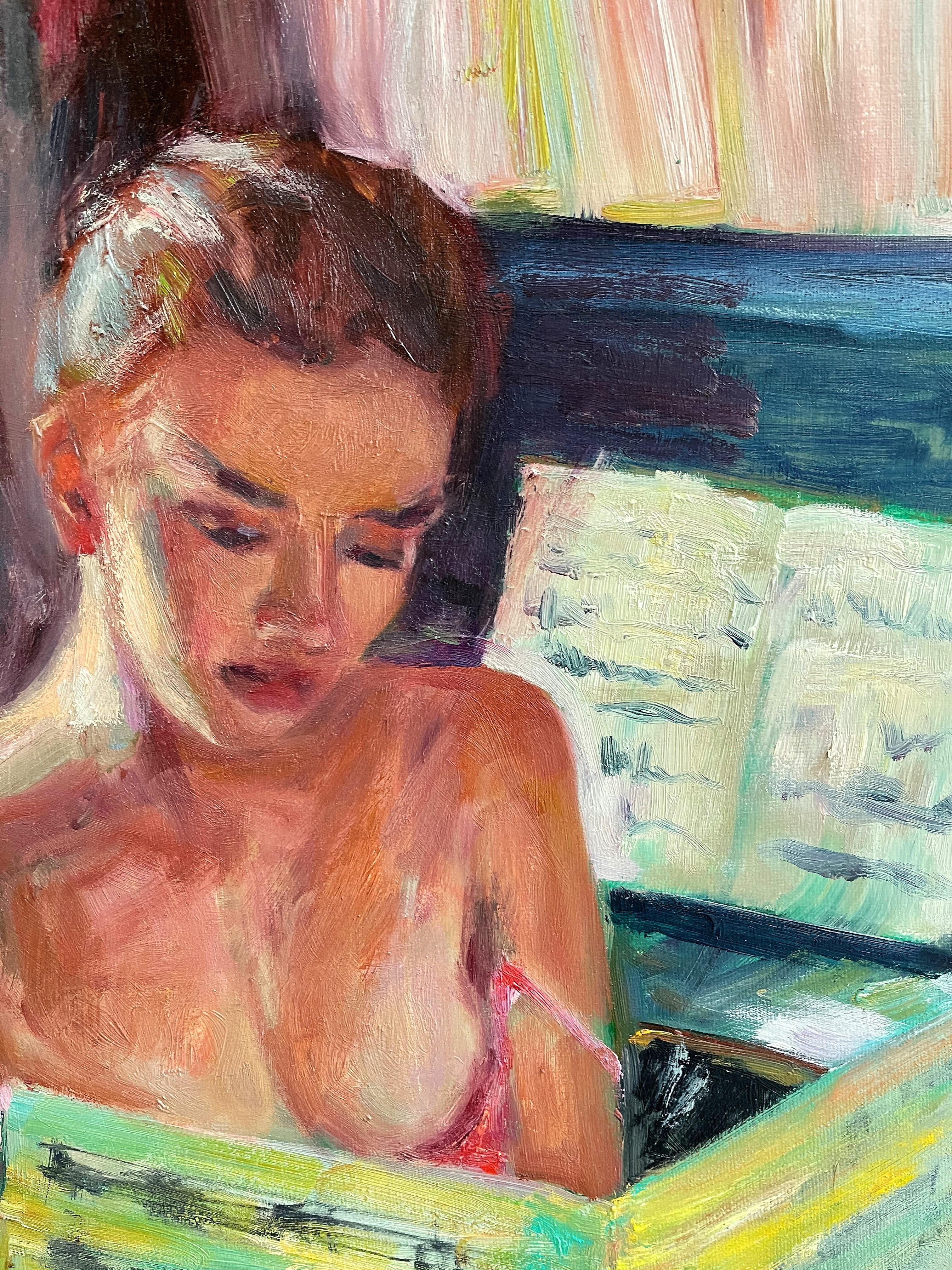 Ragazza con appunti - Figurative Painting Marrone di  Kateryna Krivchach