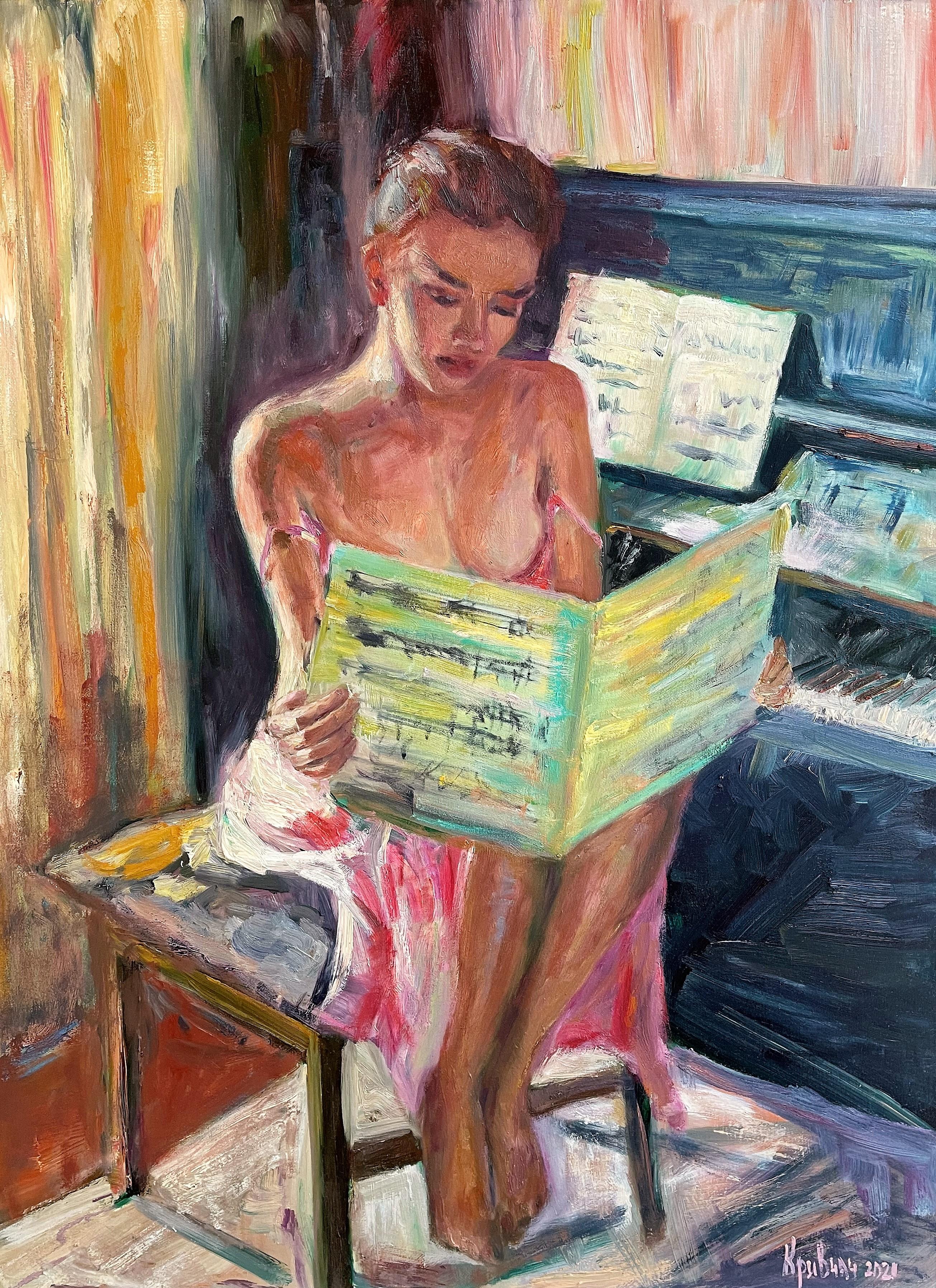 Figurative Painting  Kateryna Krivchach - Jeune fille avec notes