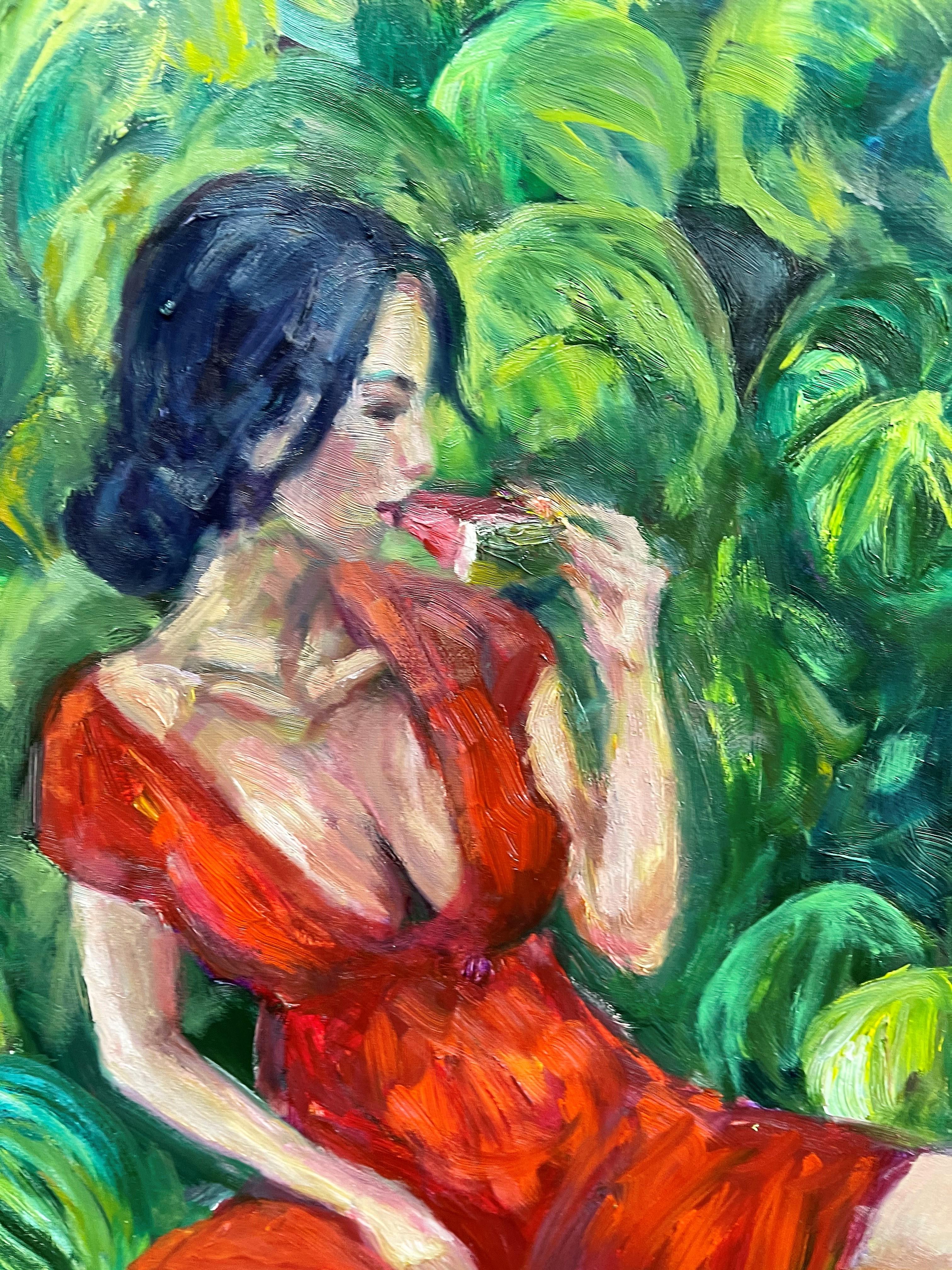 Girl with watermelons - Brown Portrait Painting by  Kateryna Krivchach