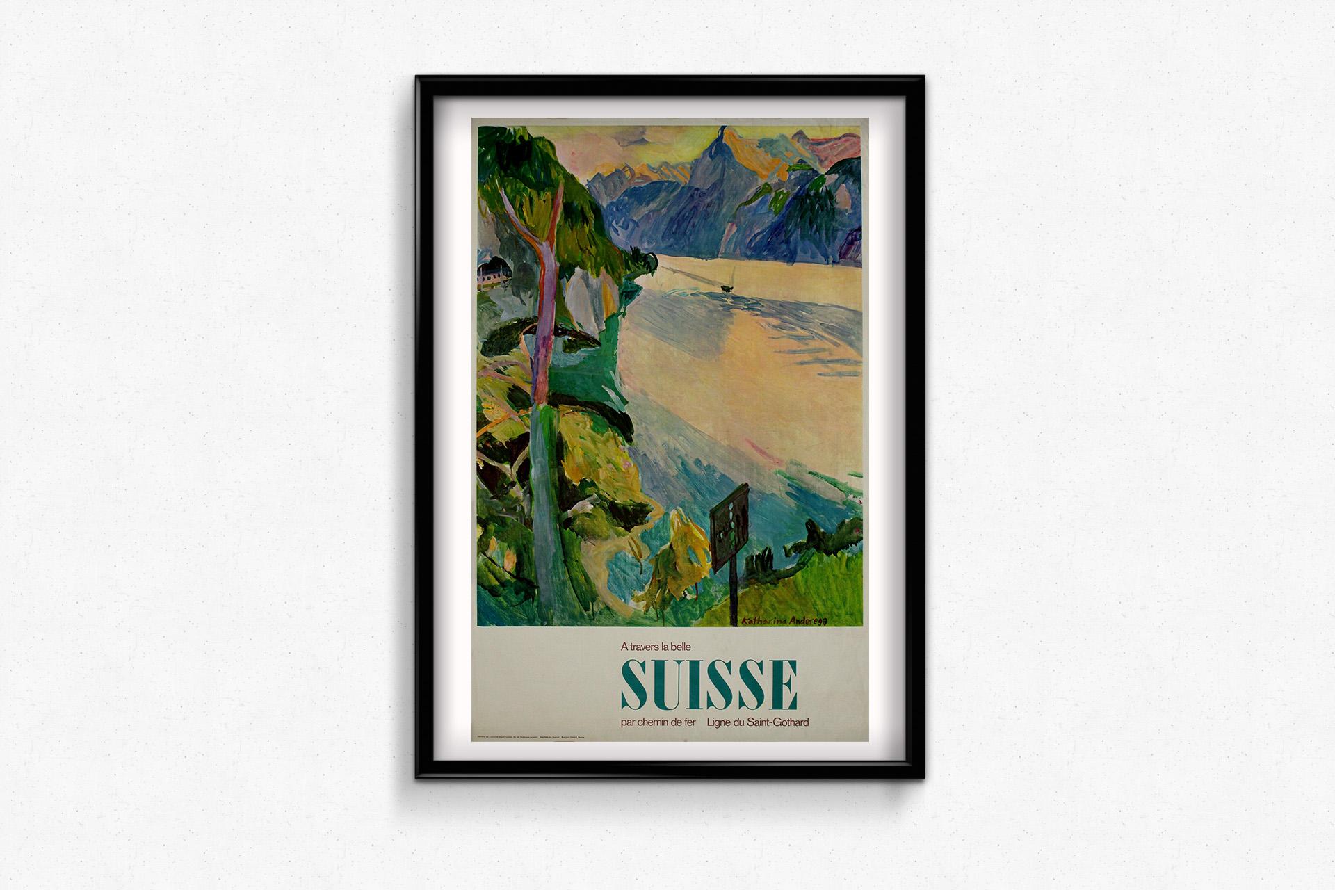 The À travers la belle Suisse: Ligne du Saint Gothard travel poster, created by Katharina Anderegg circa 1950, captures the breathtaking beauty of Switzerland's iconic landscapes and the historic Saint Gotthard railway line. Anderegg’s artistic