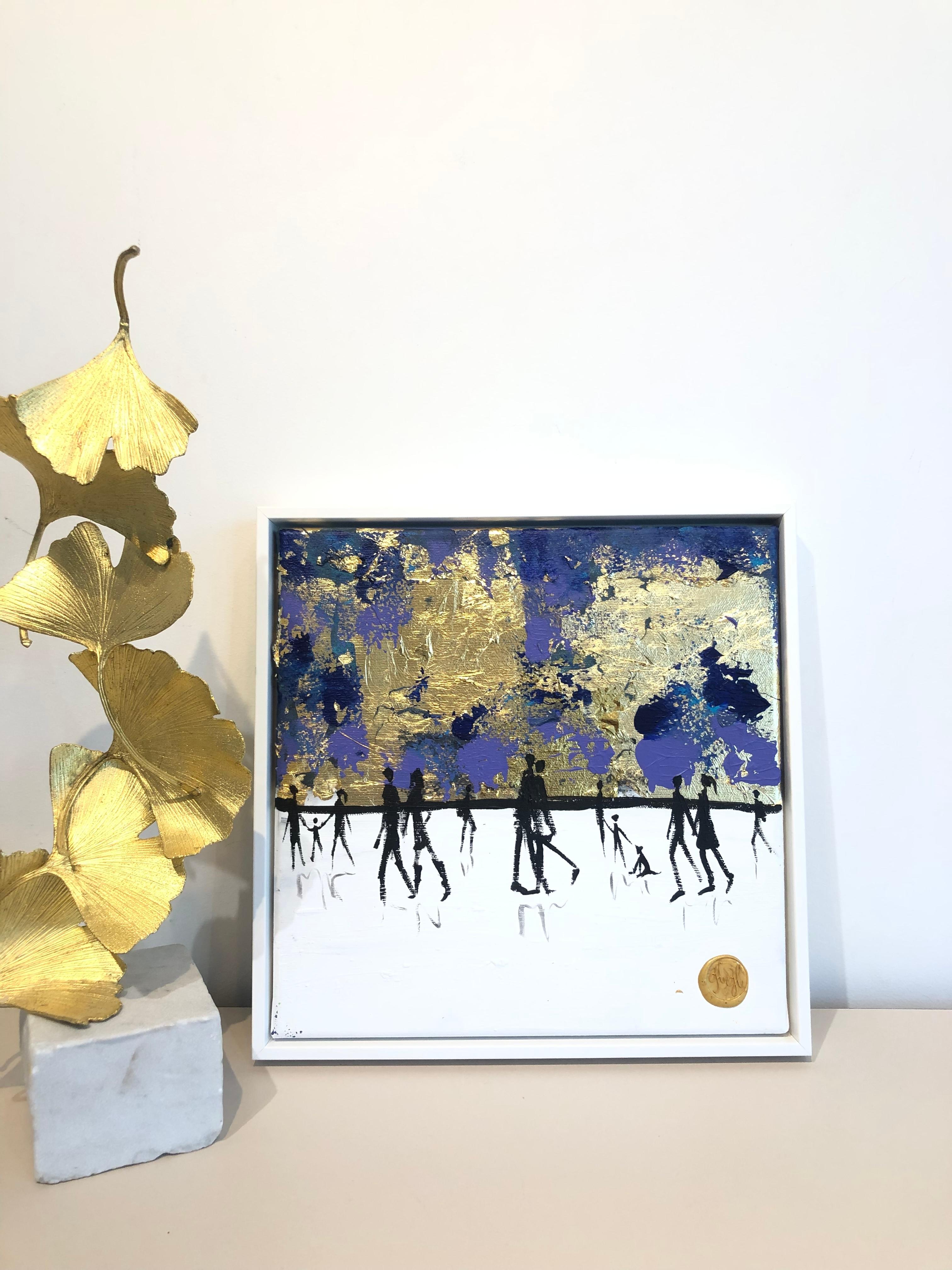 Un beso de buenas noches - Cuadro familiar abstracto contemporáneo en pan de oro en venta 7
