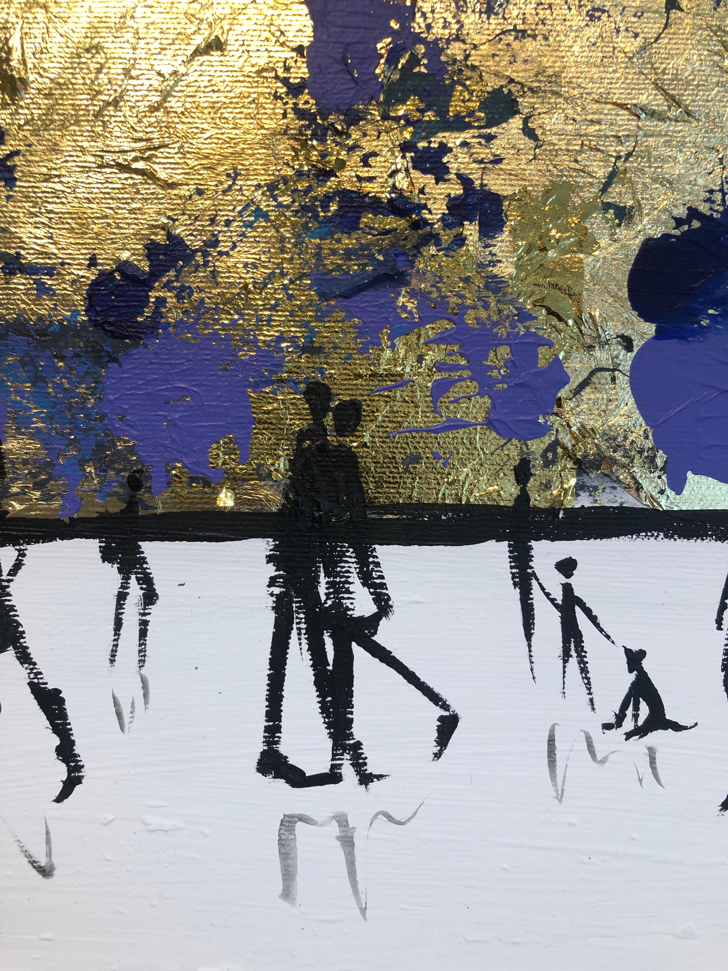 Un beso de buenas noches - Cuadro familiar abstracto contemporáneo en pan de oro en venta 8
