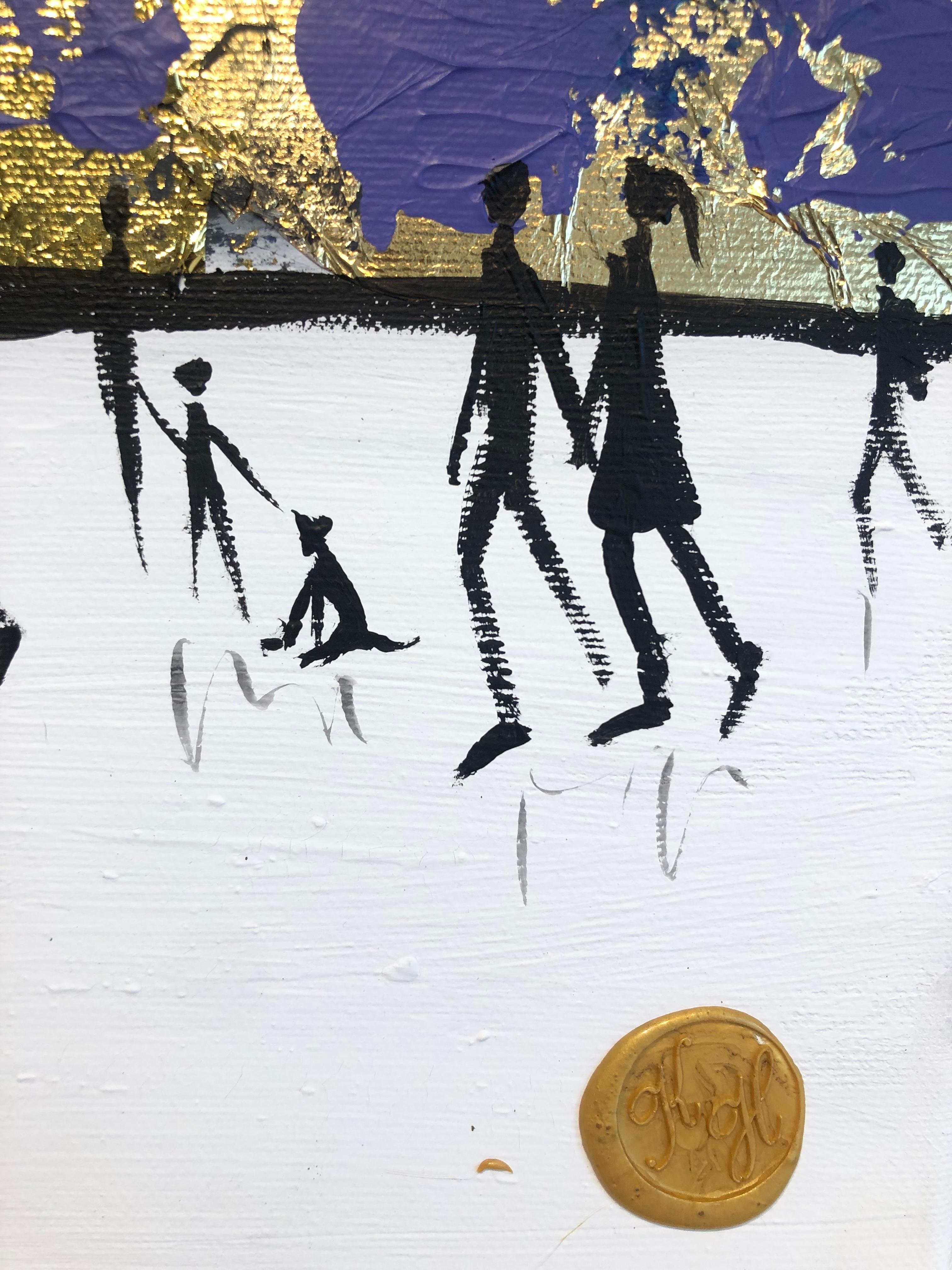 Un beso de buenas noches - Cuadro familiar abstracto contemporáneo en pan de oro en venta 2