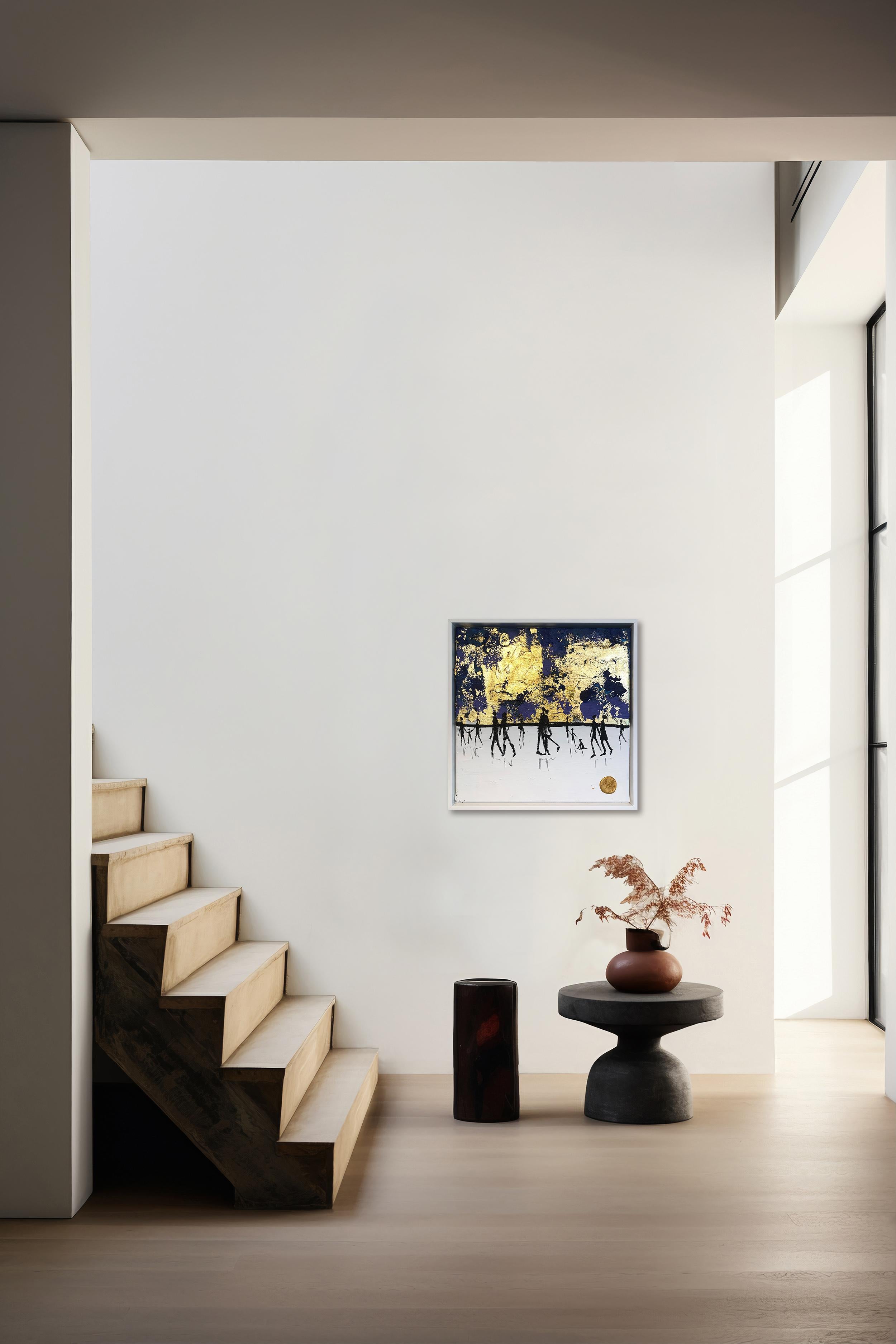 Un beso de buenas noches - Cuadro familiar abstracto contemporáneo en pan de oro en venta 5