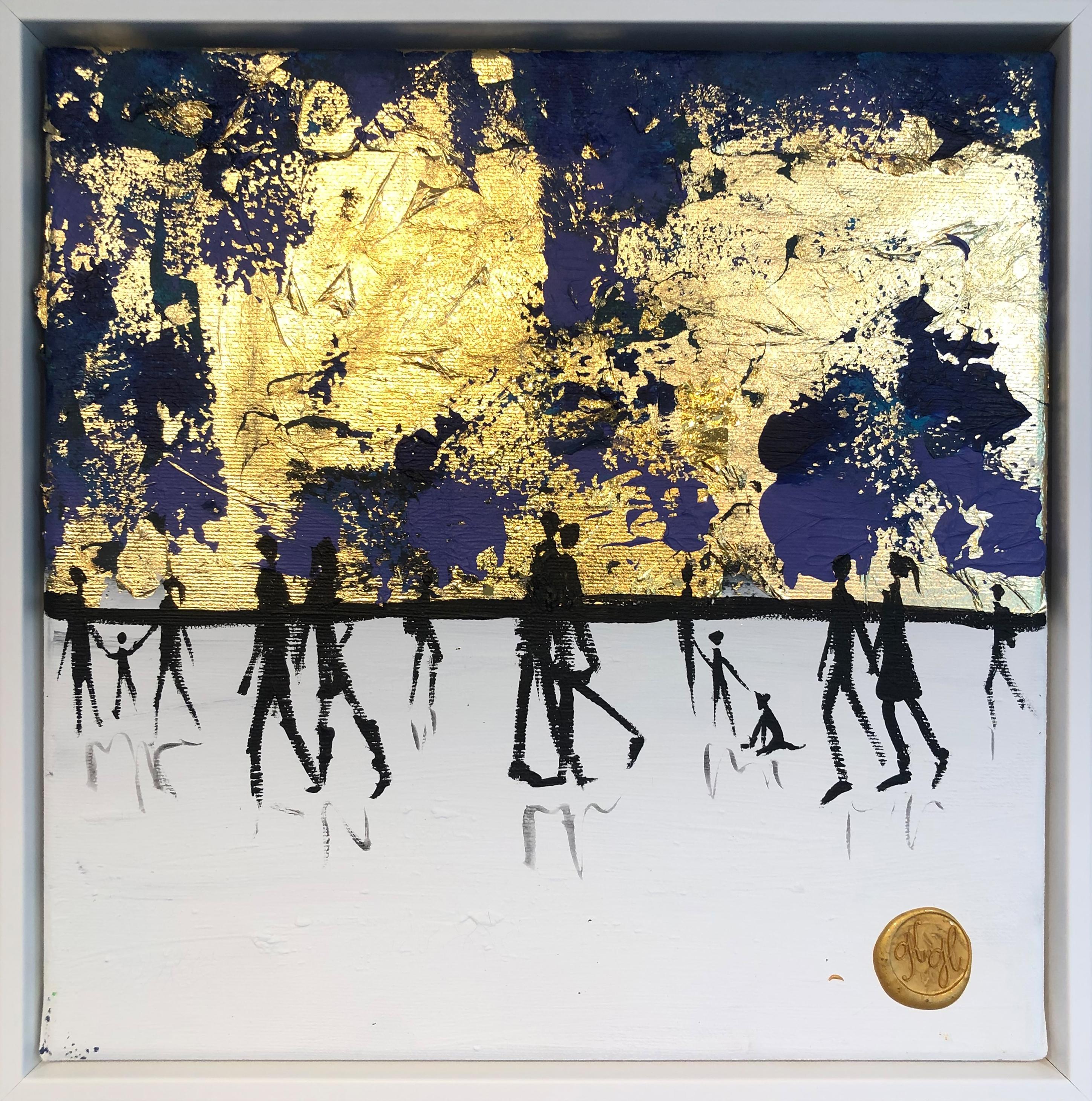 Abstract Painting de Katharina Hormel - Un beso de buenas noches - Cuadro familiar abstracto contemporáneo en pan de oro