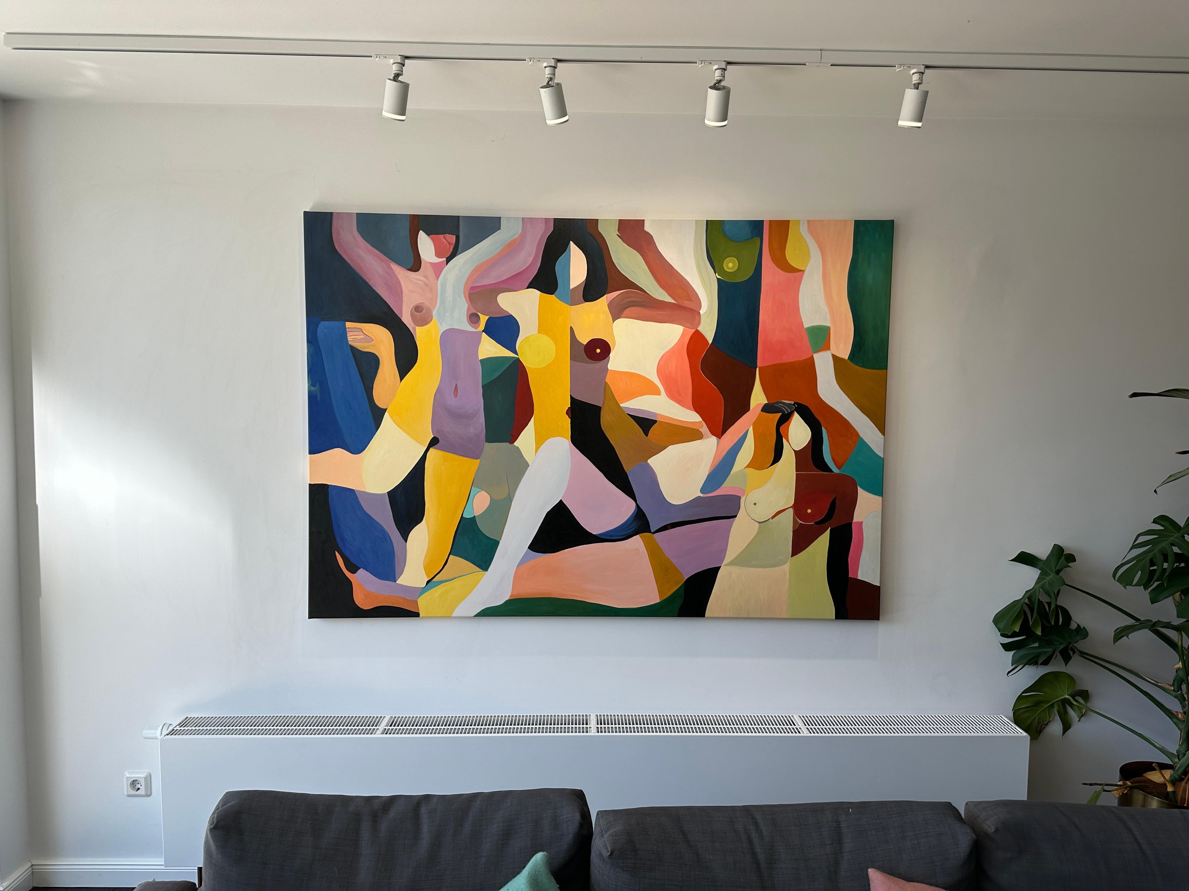 In general, her paintings are joyful geometric abstractions of the female bodies, with color parcels interacting or overlapping. Her figures are at ease with their bodies and are unique and vibrant. 
Hormel is inspired by Picasso’s figurative