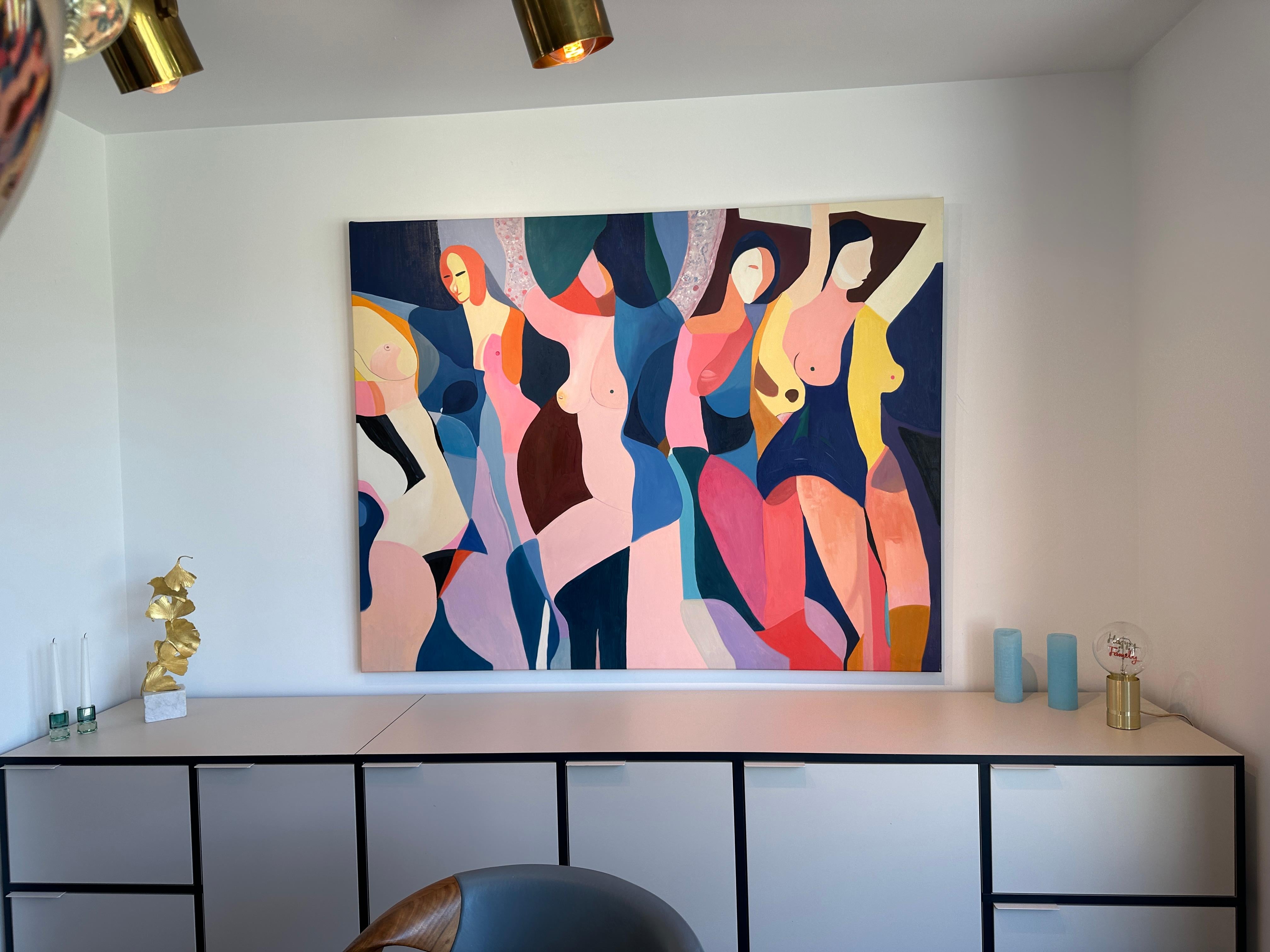 In general, her paintings are joyful geometric abstractions of the female bodies, with color parcels interacting or overlapping. Her figures are at ease with their bodies and are unique and vibrant. 
Hormel is inspired by Picasso’s figurative