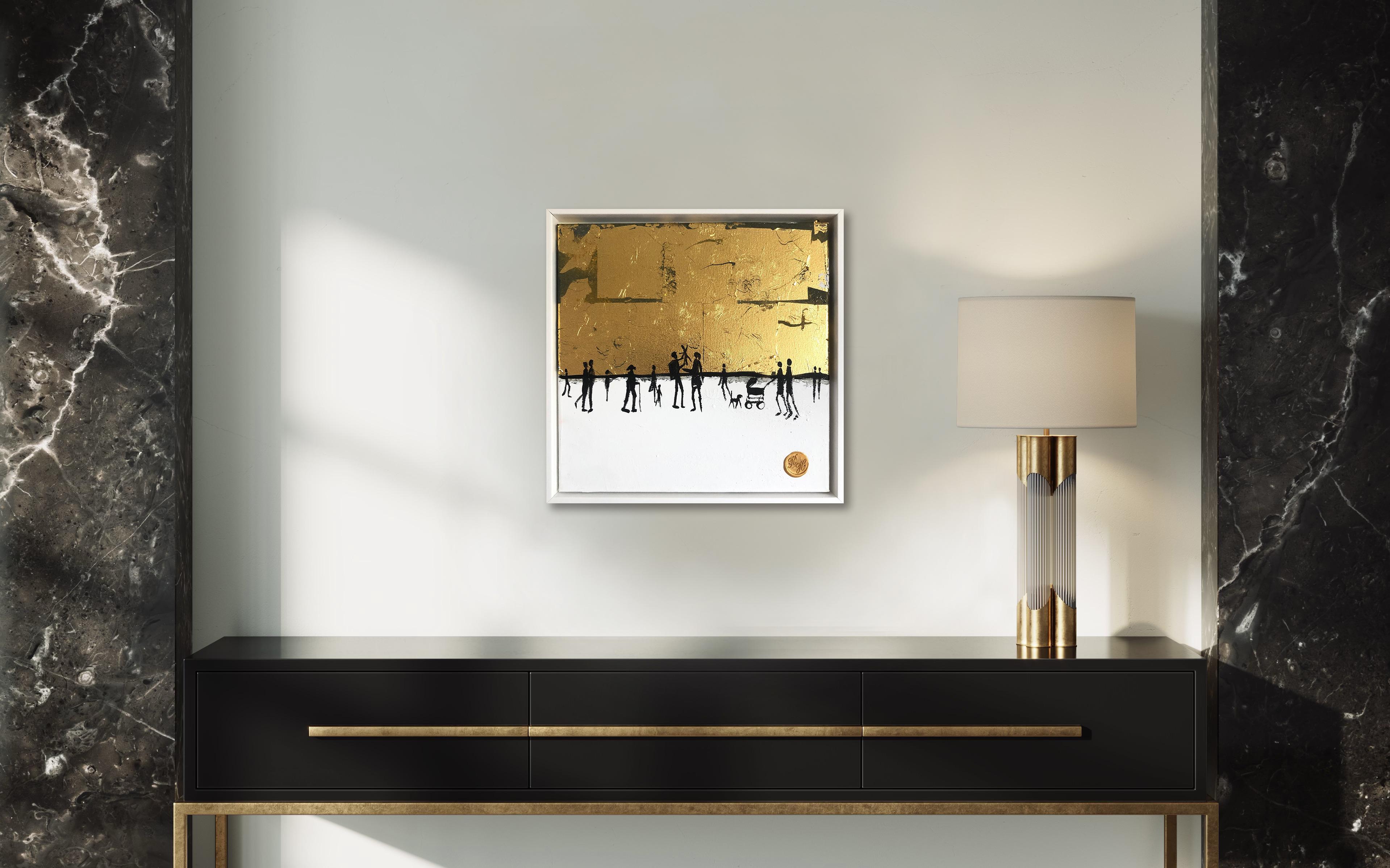 Momentos entrañables de la familia - Cuadro abstracto contemporáneo de la familia en pan de oro en venta 6