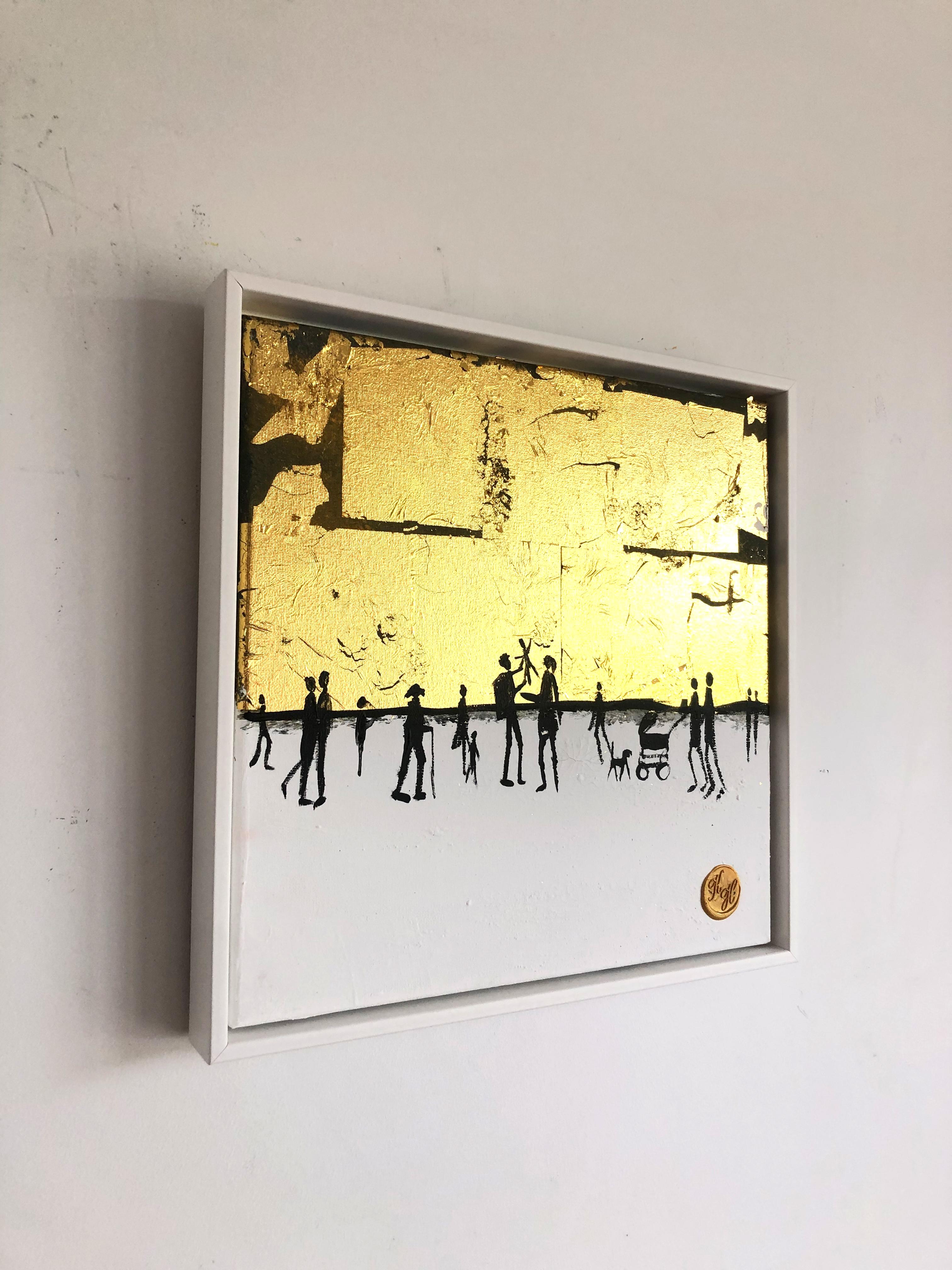 Momentos entrañables de la familia - Cuadro abstracto contemporáneo de la familia en pan de oro en venta 1