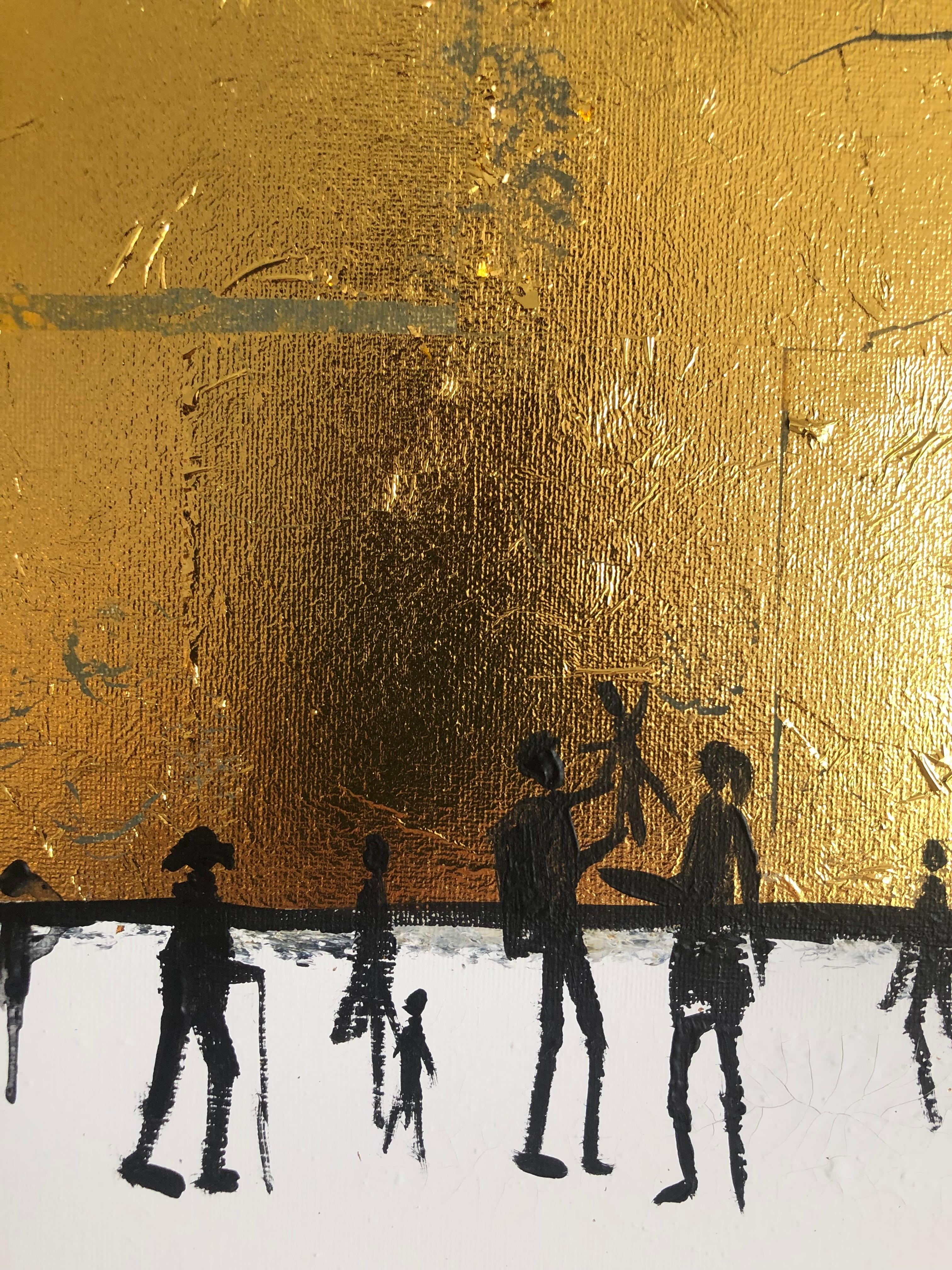 Momentos entrañables de la familia - Cuadro abstracto contemporáneo de la familia en pan de oro en venta 2