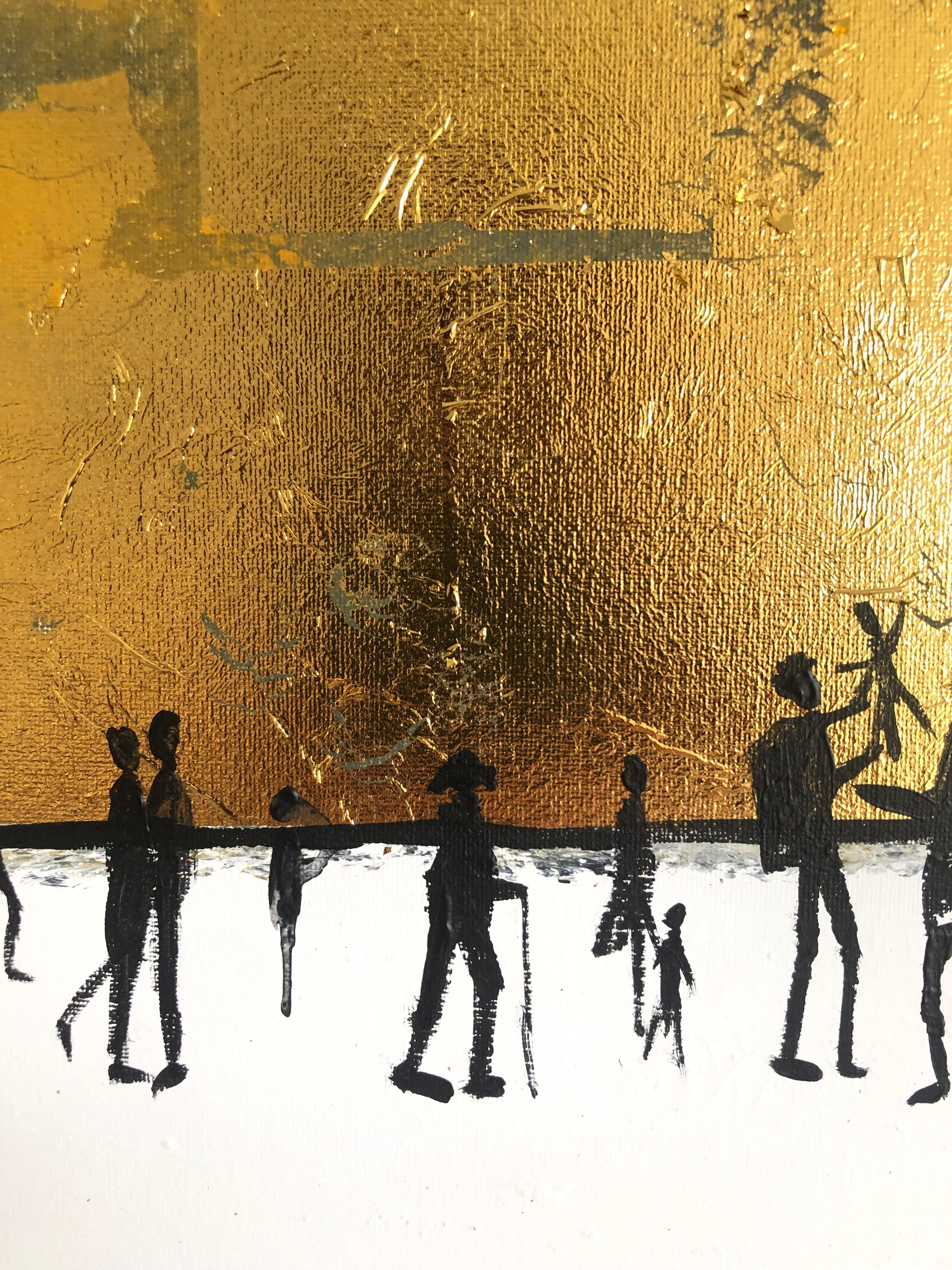 Momentos entrañables de la familia - Cuadro abstracto contemporáneo de la familia en pan de oro en venta 4