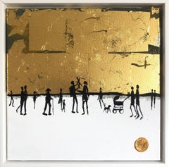 Momentos entrañables de la familia - Cuadro abstracto contemporáneo de la familia en pan de oro