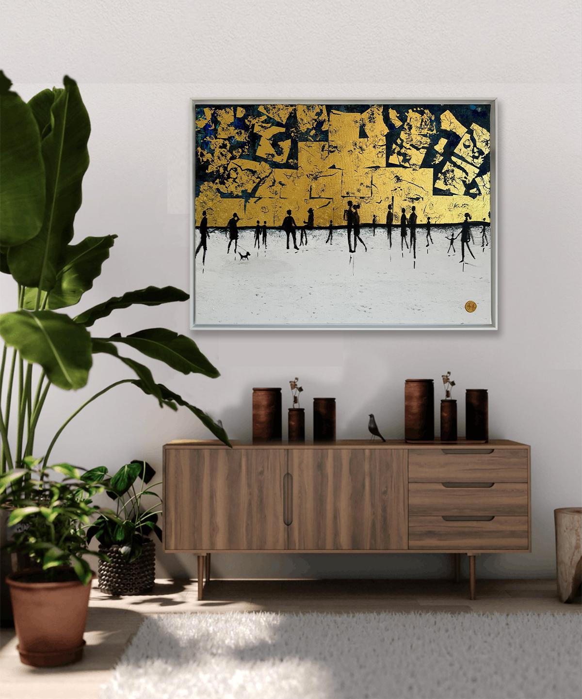 Come outside with me Gold Leaf Contemporary abstract family painting For Sale 7