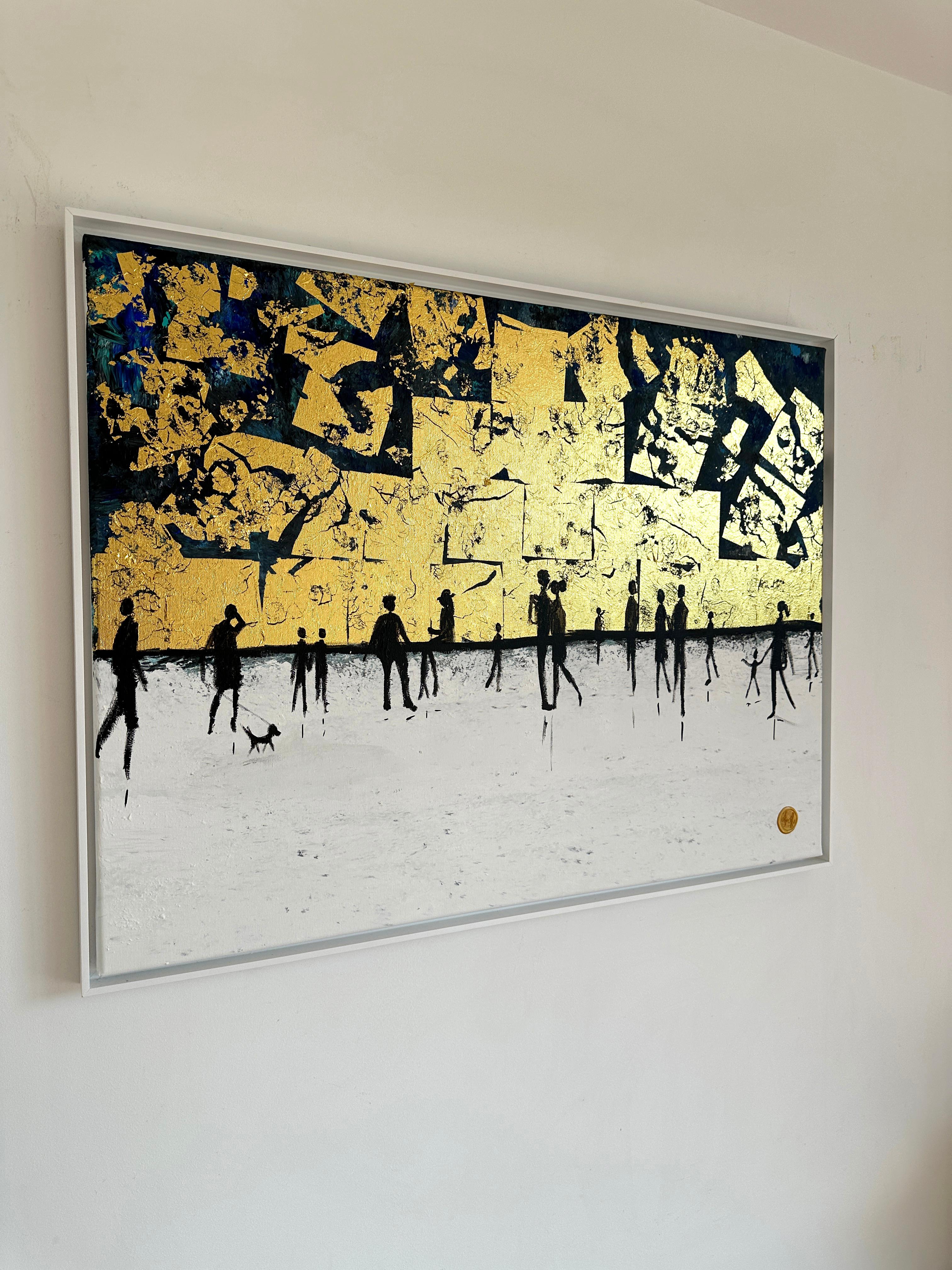 Come outside with me Gold Leaf Contemporary abstract family painting For Sale 1