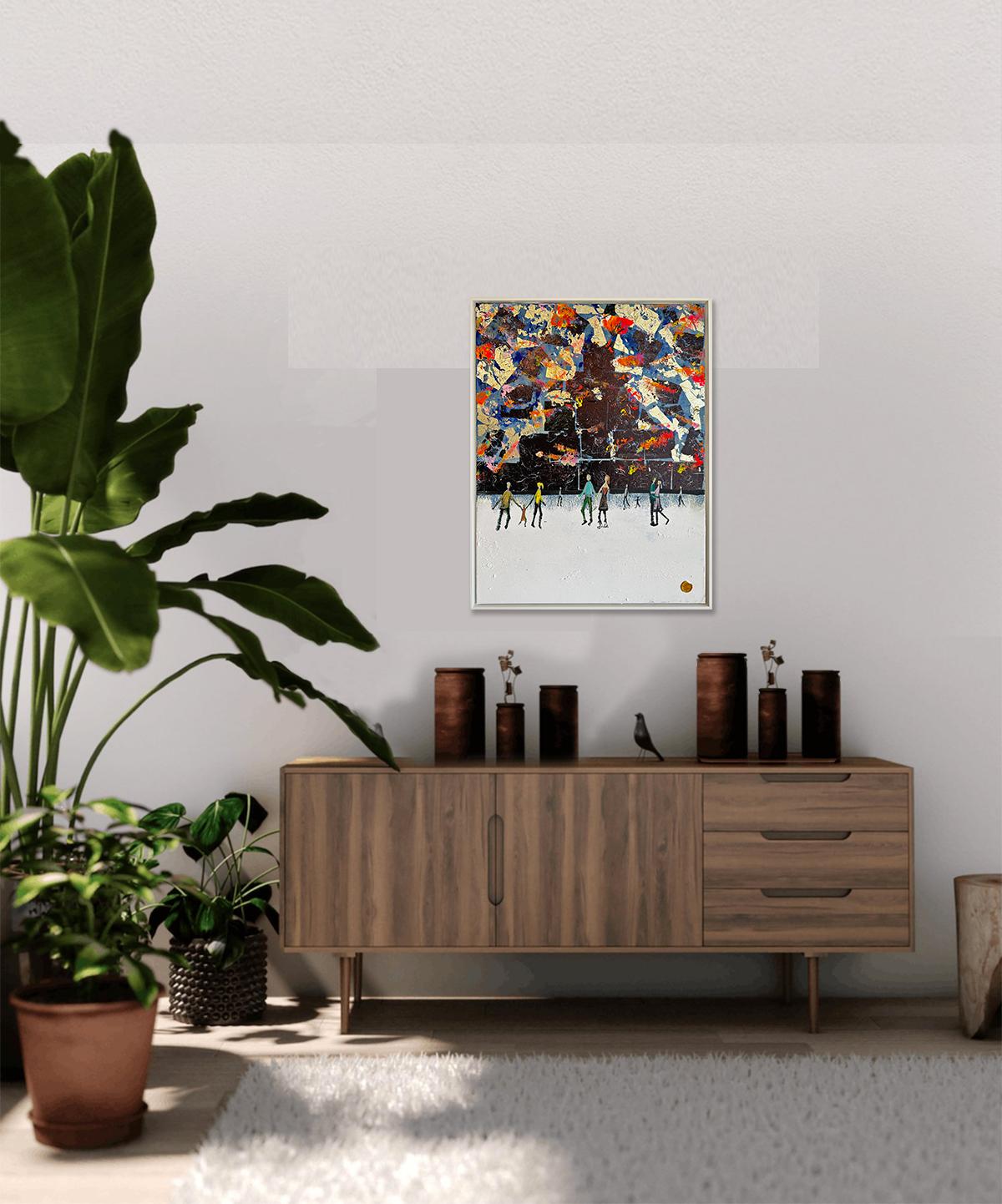 Crazy little Thing called Love - Gold Leaf Contemporary abstract family painting For Sale 5
