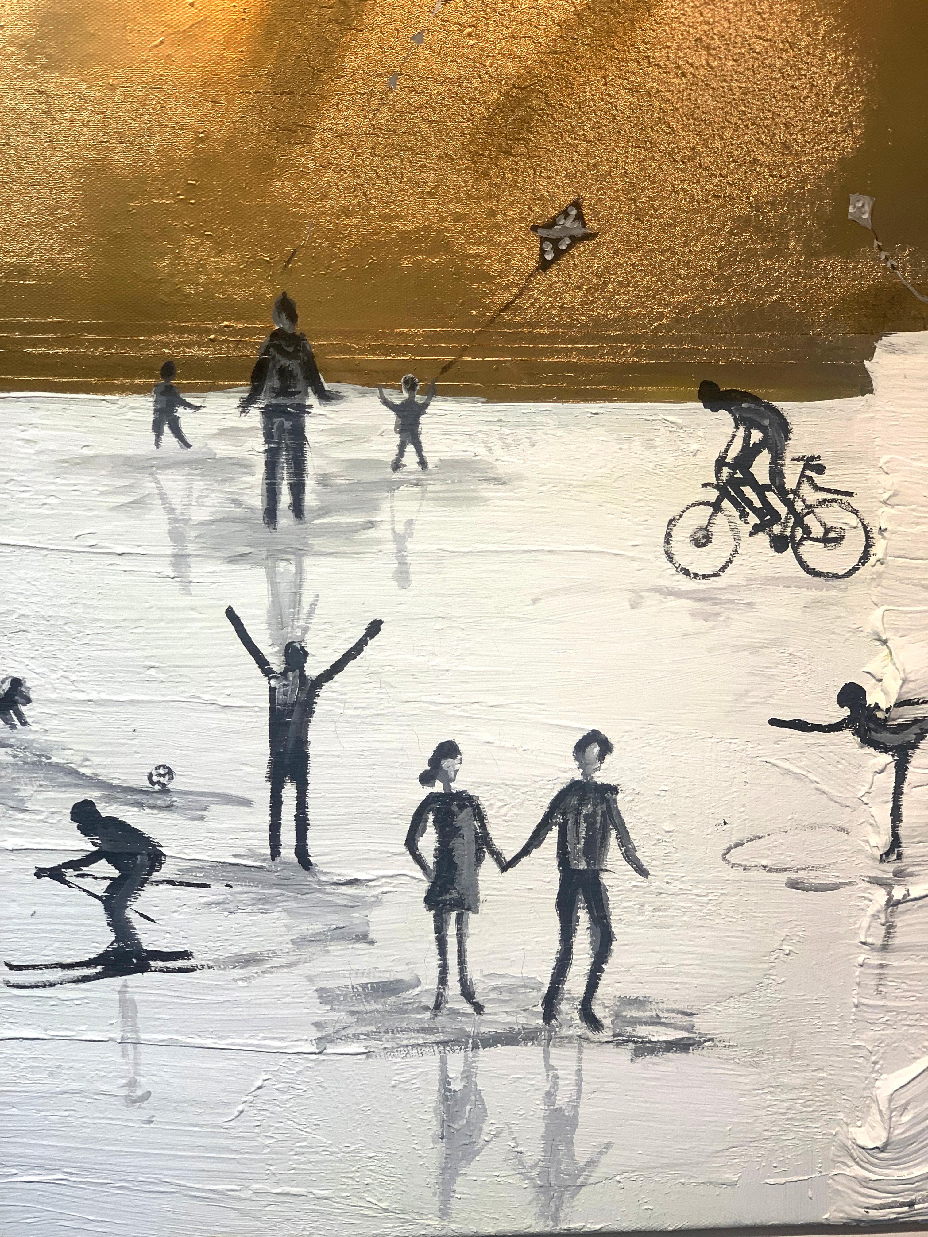 Flying Kites von K. Hormel - Gold Contemporary abstraktes Ölgemälde im Angebot 1