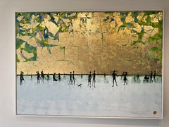 Me encanta tenerte cerca - Cuadro familiar abstracto contemporáneo en pan de oro