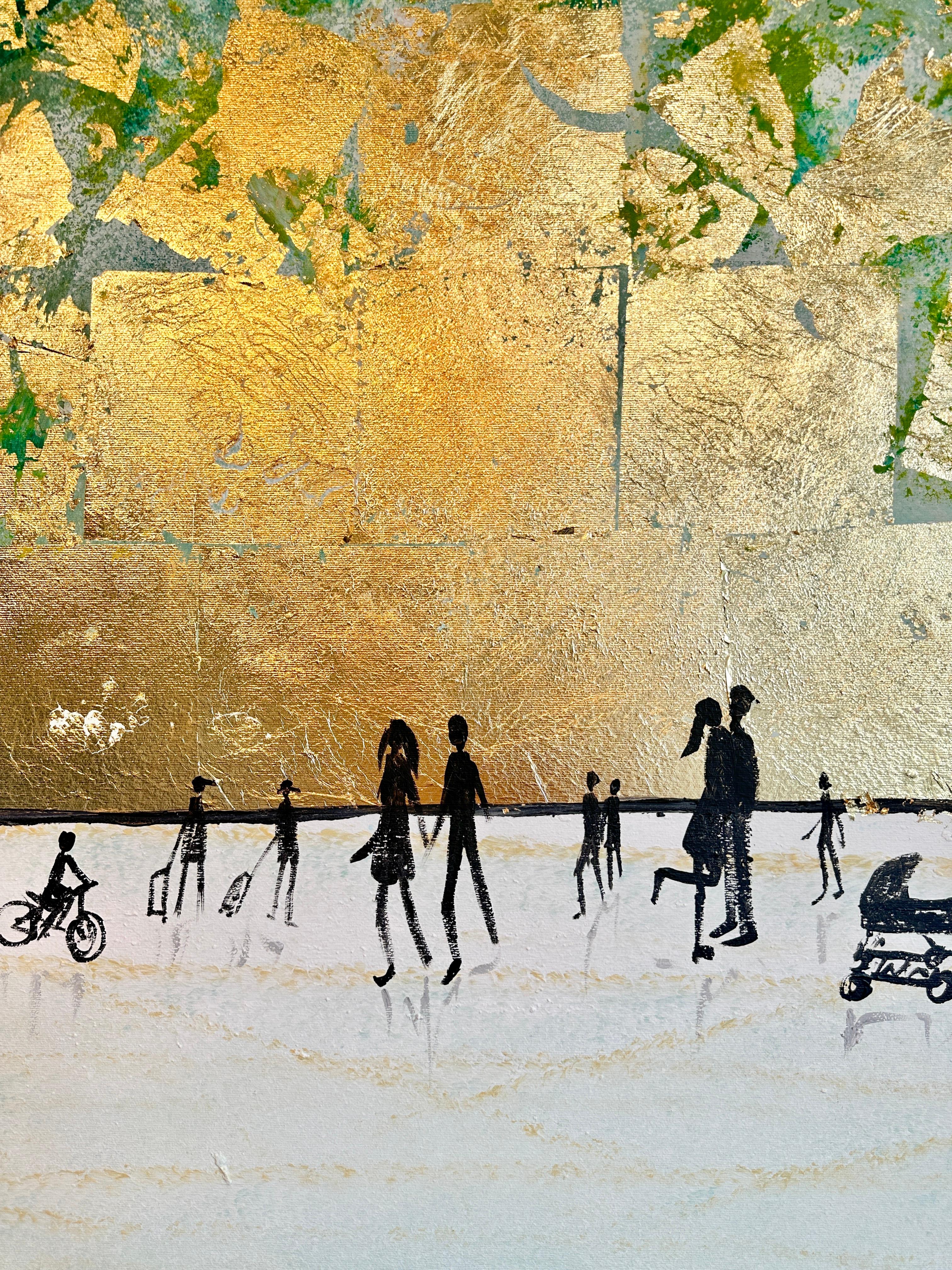 Katharina Hormel creates minimalistic landscape paintings featuring everyday scenes of life. Her art often portrays people engaged in their daily activities, such as taking a leisurely walk in the park, cycling, playing football, or even