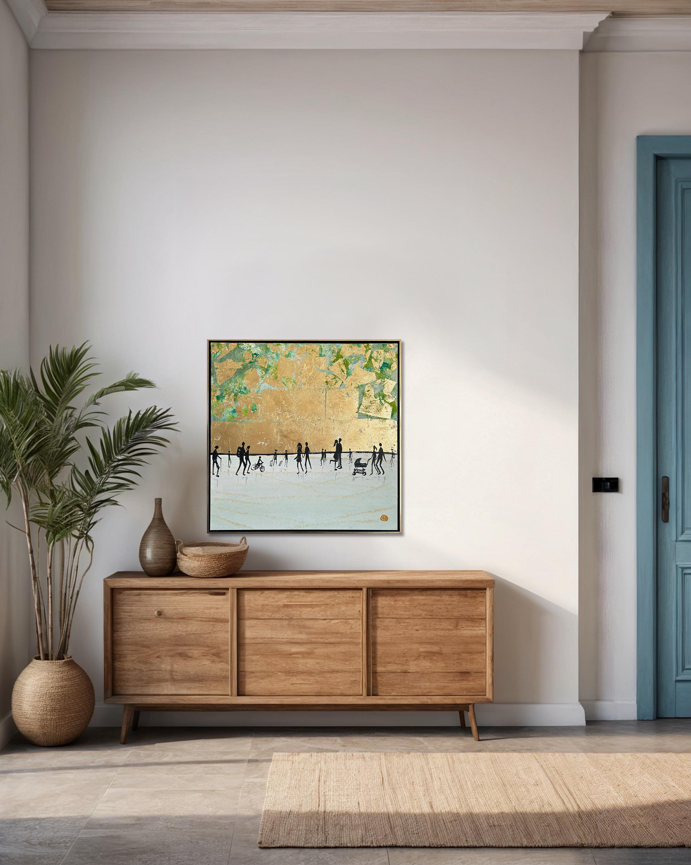 I will Kiss you Everyday -  Gold Leaf Contemporary abstract family painting For Sale 1