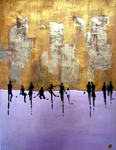 Ice skating Along by K. Hormel - hockey Gold Contemporary abstract Oil painting