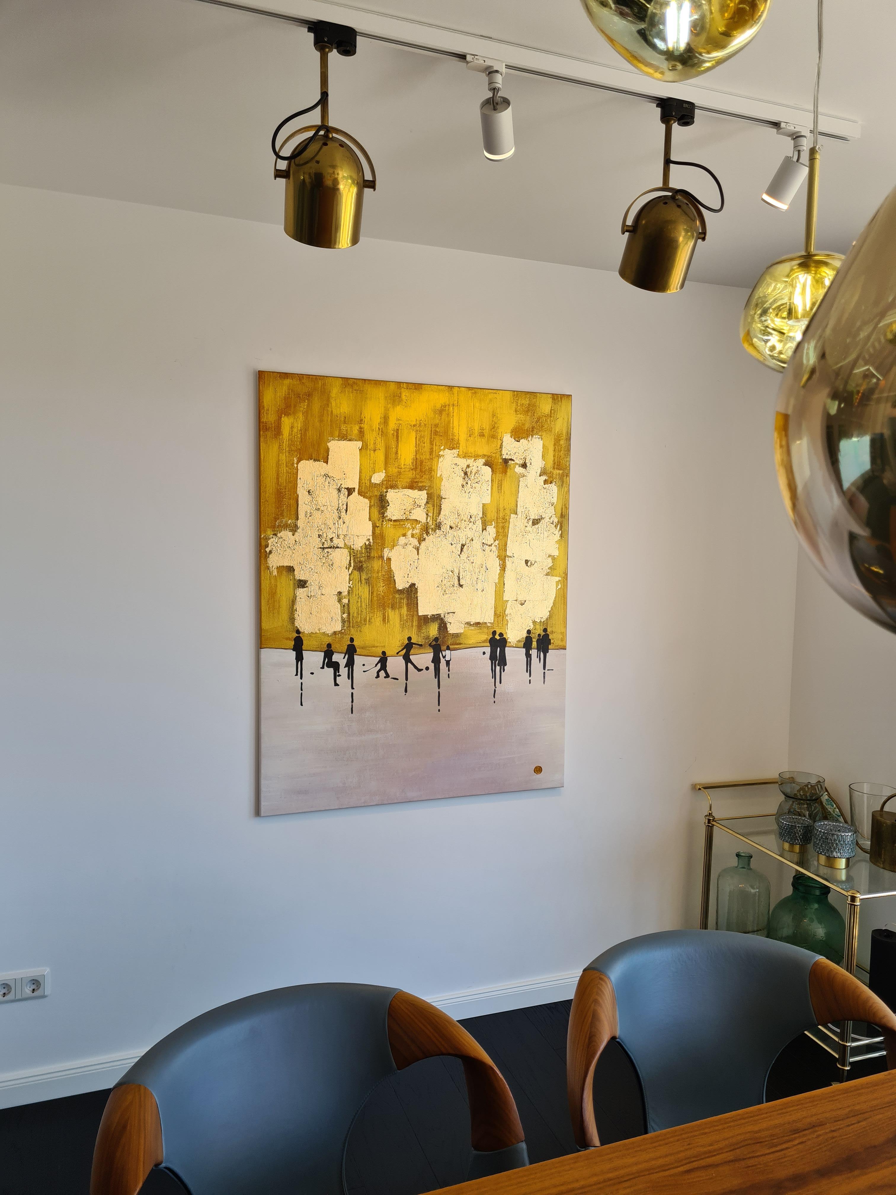 K. Hormel - Peinture à l'huile abstraite contemporaine dorée « Ice skating in the Park » ( patinage sur glace dans le parc) 8