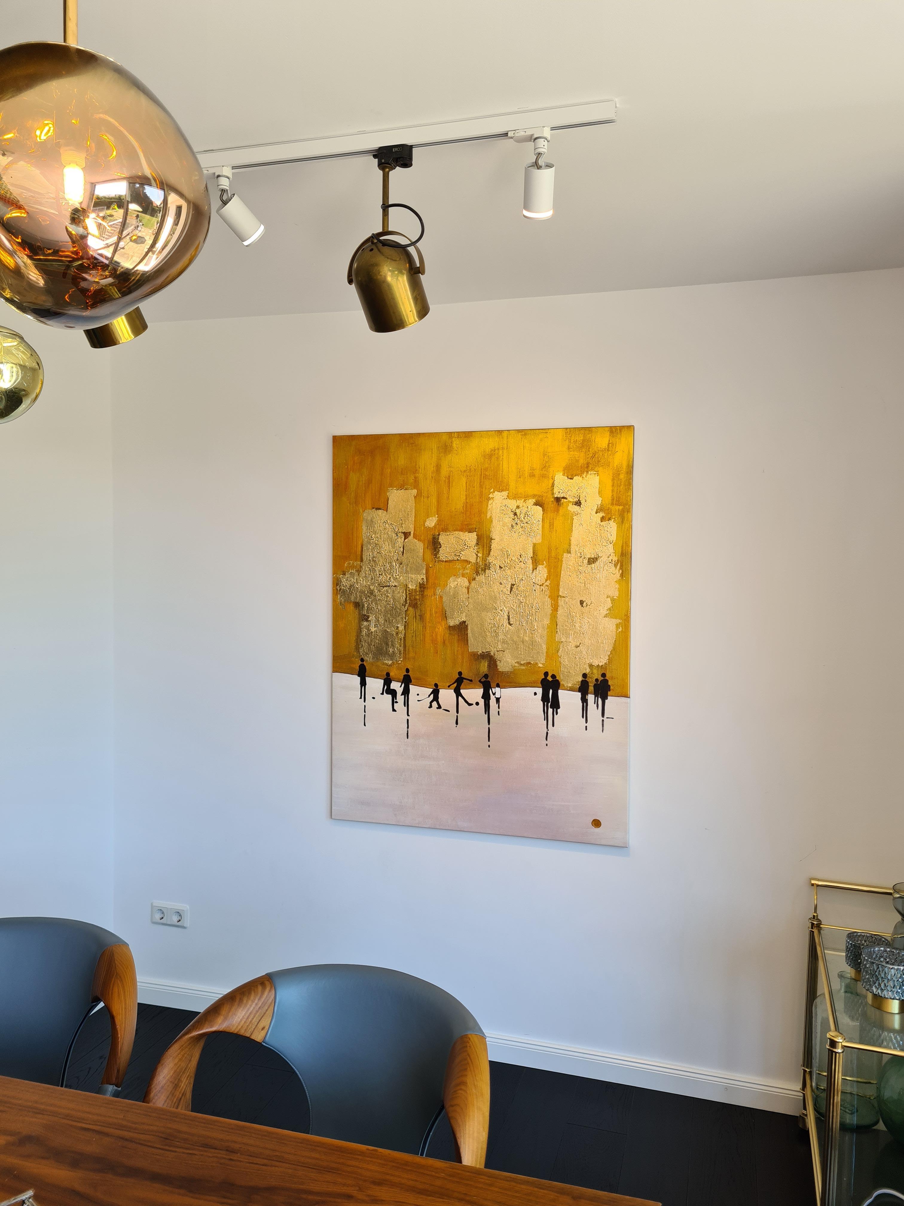 K. Hormel - Peinture à l'huile abstraite contemporaine dorée « Ice skating in the Park » ( patinage sur glace dans le parc) 9