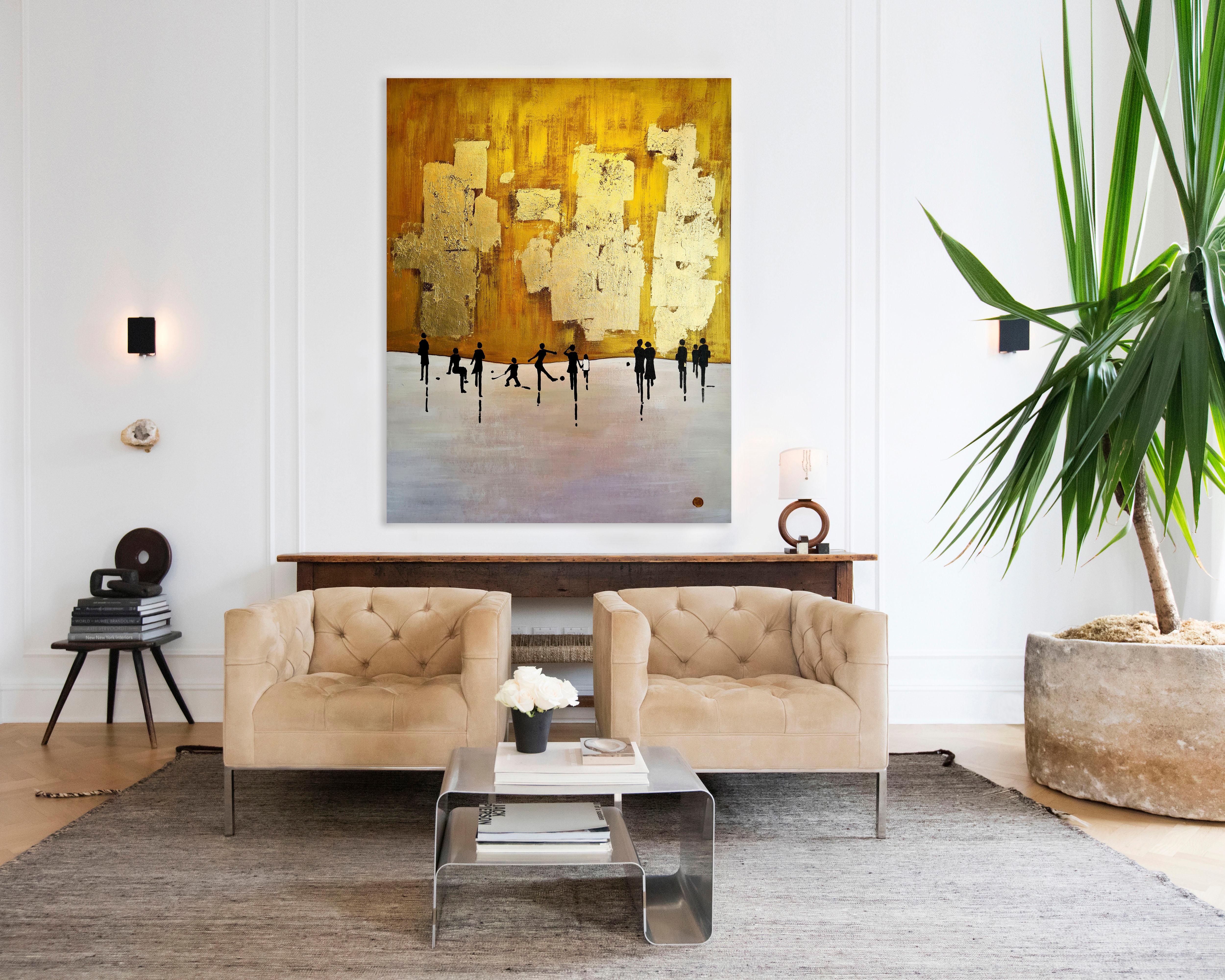 K. Hormel - Peinture à l'huile abstraite contemporaine dorée « Ice skating in the Park » ( patinage sur glace dans le parc) 10