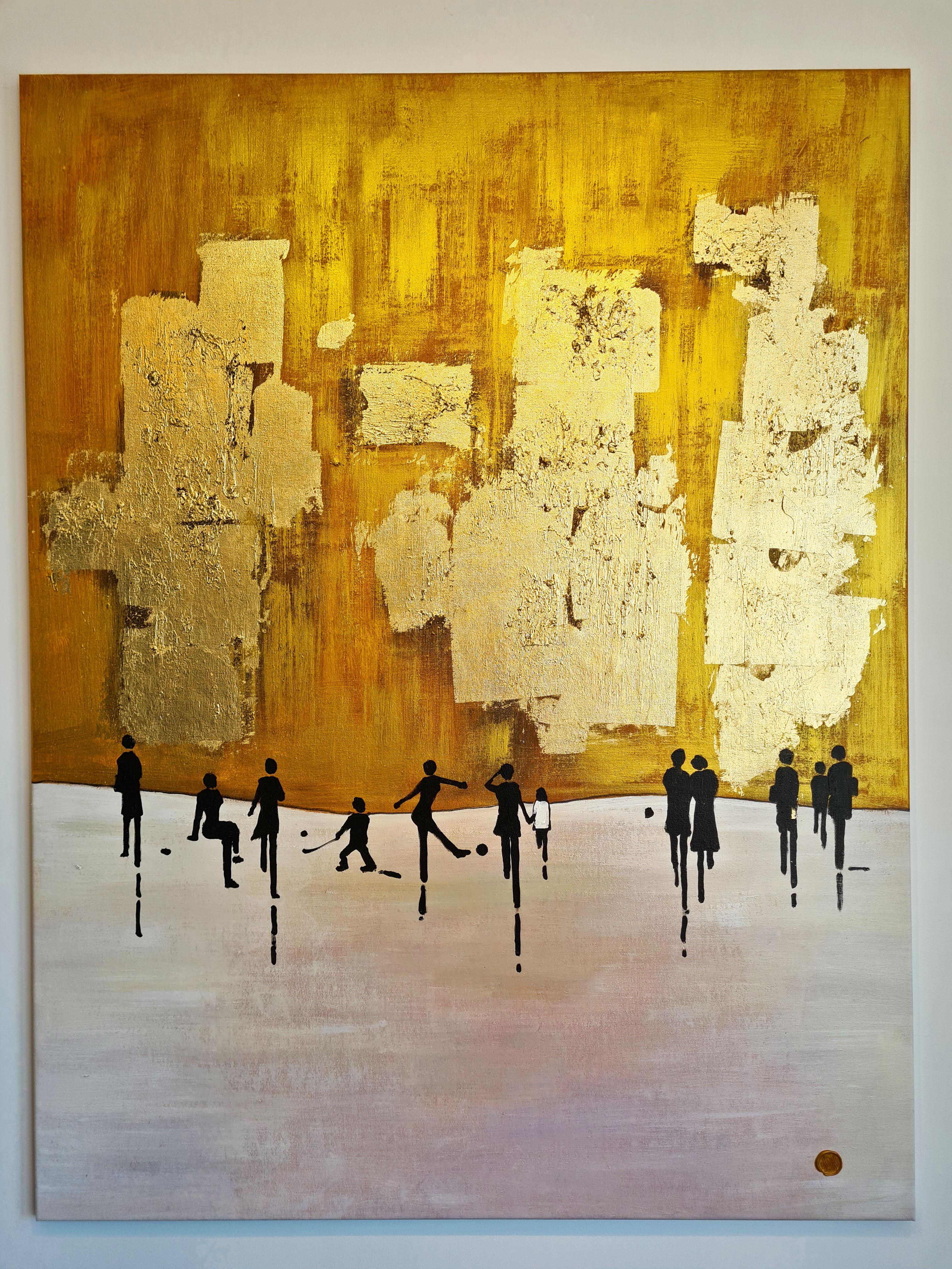 K. Hormel - Peinture à l'huile abstraite contemporaine dorée « Ice skating in the Park » ( patinage sur glace dans le parc) 1