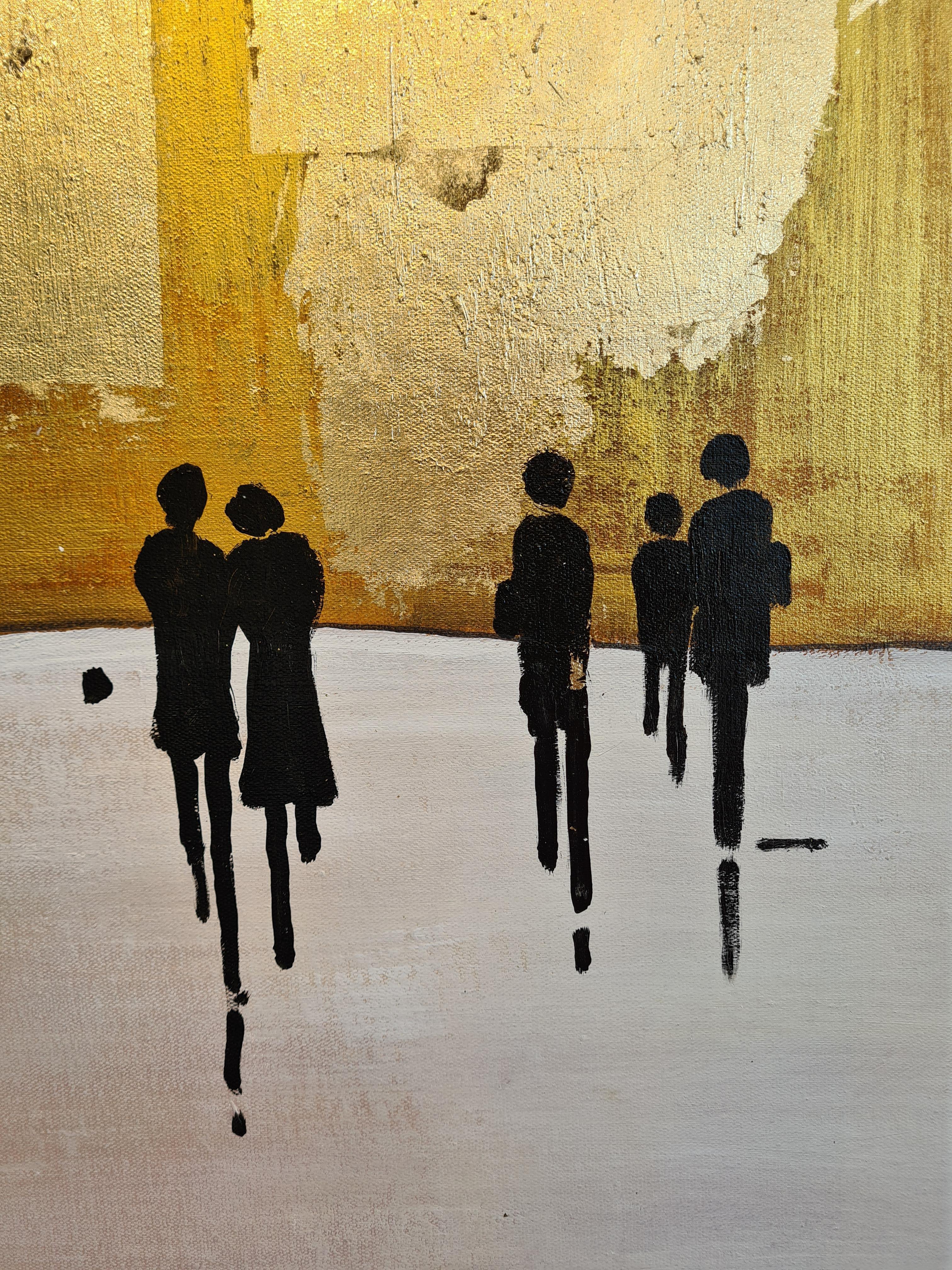 K. Hormel - Peinture à l'huile abstraite contemporaine dorée « Ice skating in the Park » ( patinage sur glace dans le parc) 3