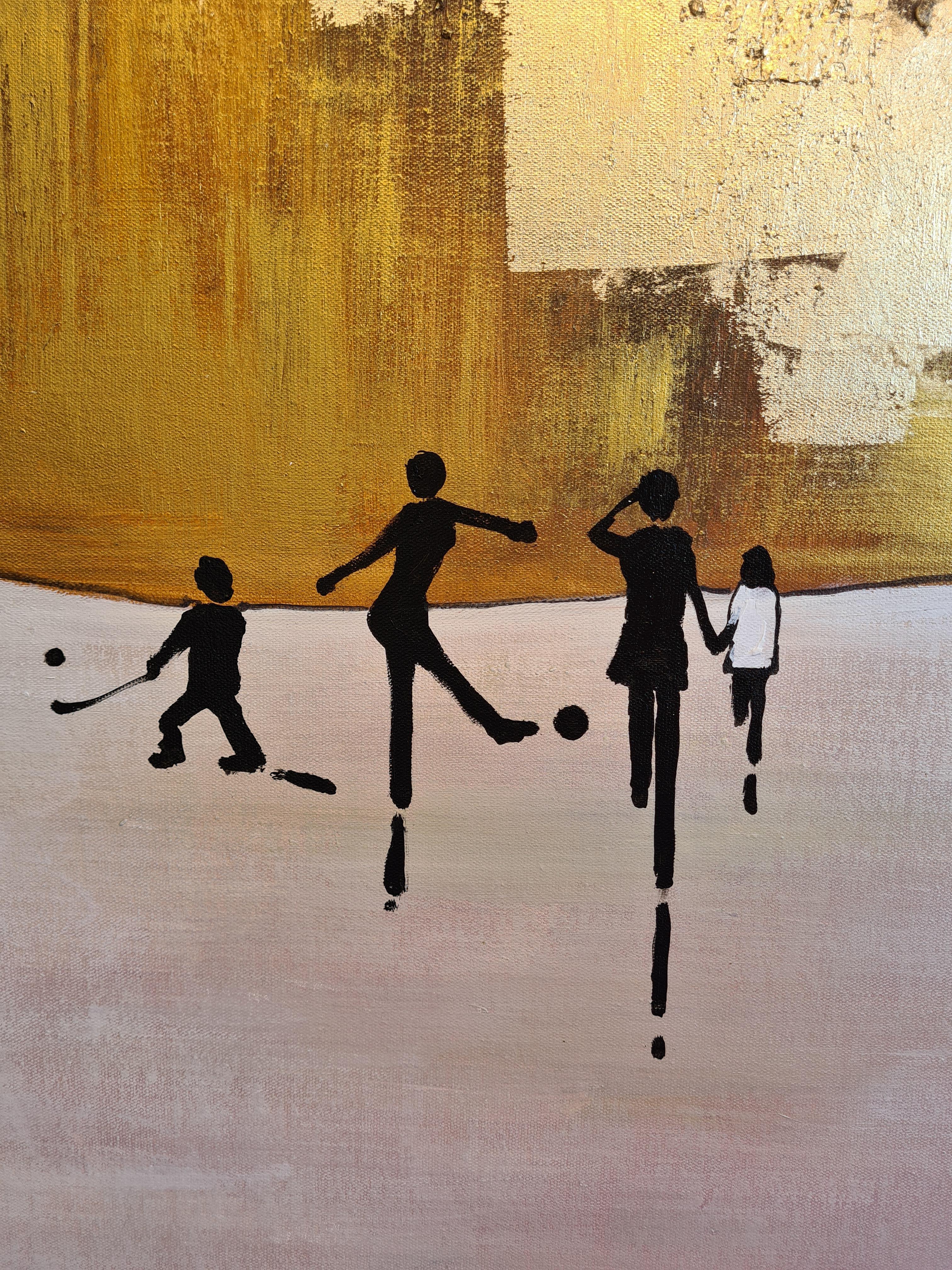 K. Hormel - Peinture à l'huile abstraite contemporaine dorée « Ice skating in the Park » ( patinage sur glace dans le parc) 4