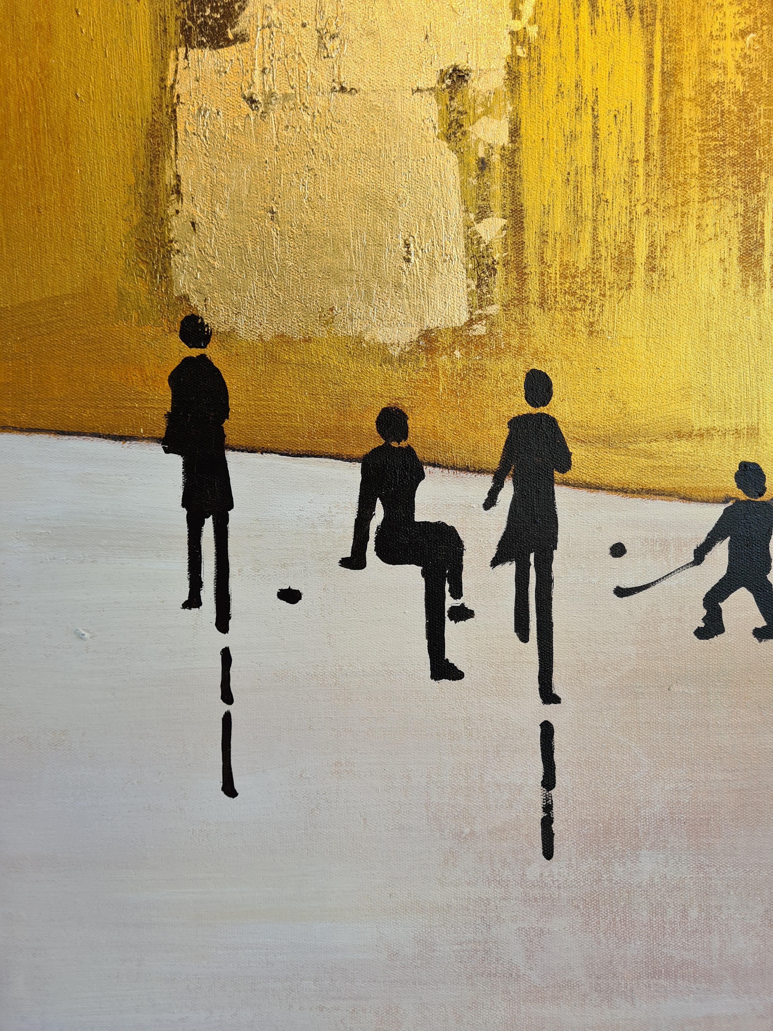 K. Hormel - Peinture à l'huile abstraite contemporaine dorée « Ice skating in the Park » ( patinage sur glace dans le parc) 5