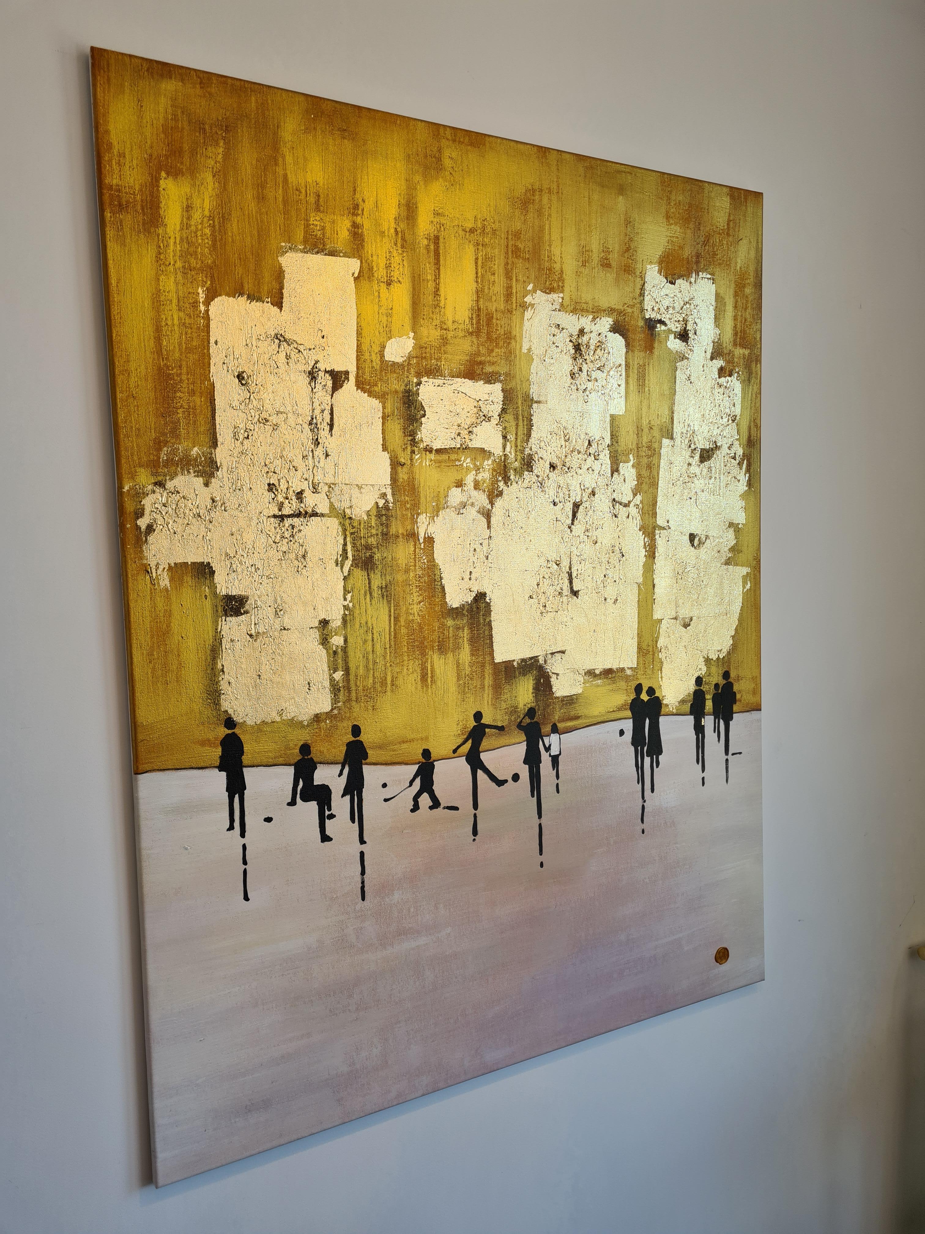 K. Hormel - Peinture à l'huile abstraite contemporaine dorée « Ice skating in the Park » ( patinage sur glace dans le parc) 6