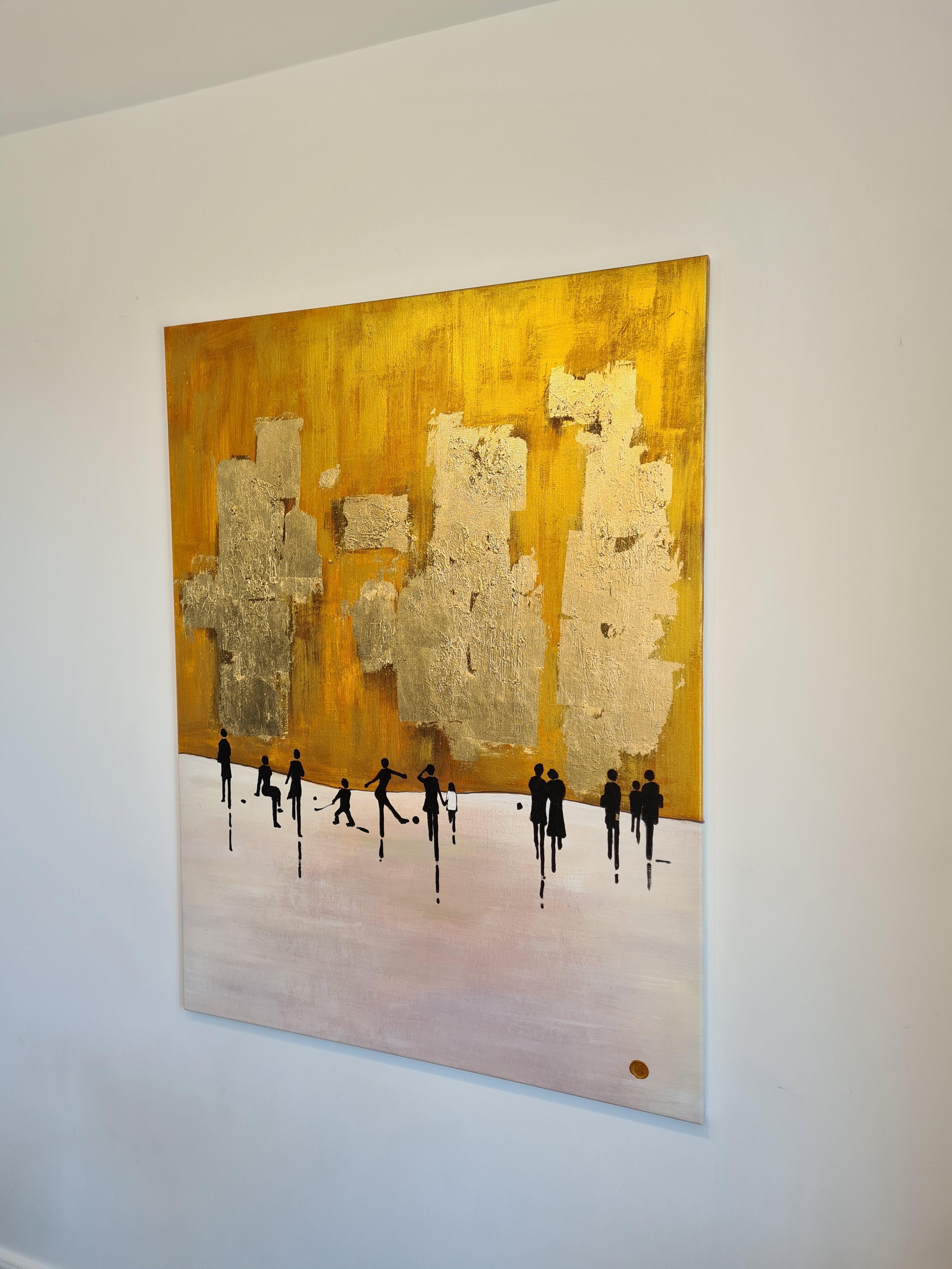 K. Hormel - Peinture à l'huile abstraite contemporaine dorée « Ice skating in the Park » ( patinage sur glace dans le parc) 7