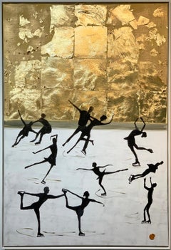 Ice Skating Together by K. Hormel - Gold Contemporary abstract Oil painting